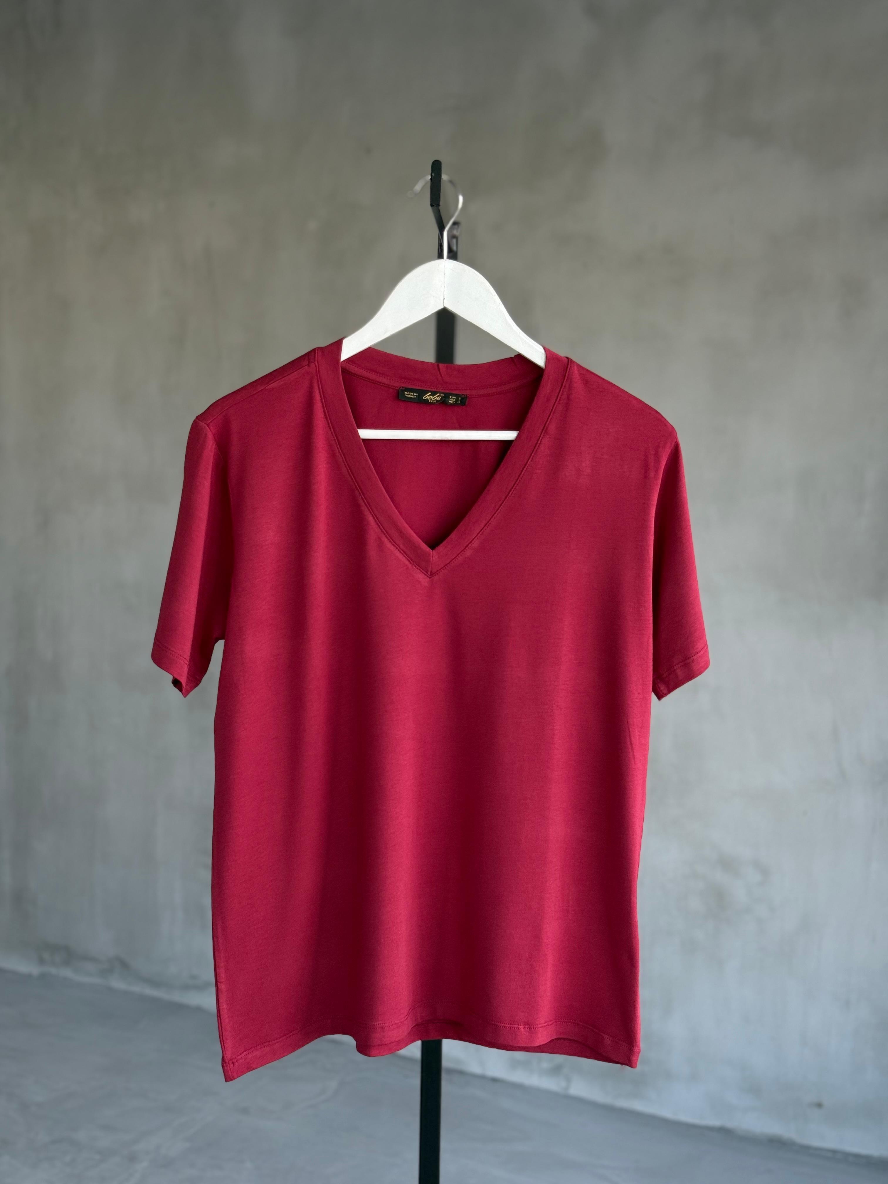 Oys V Yaka Basic Tişört (Bordo)