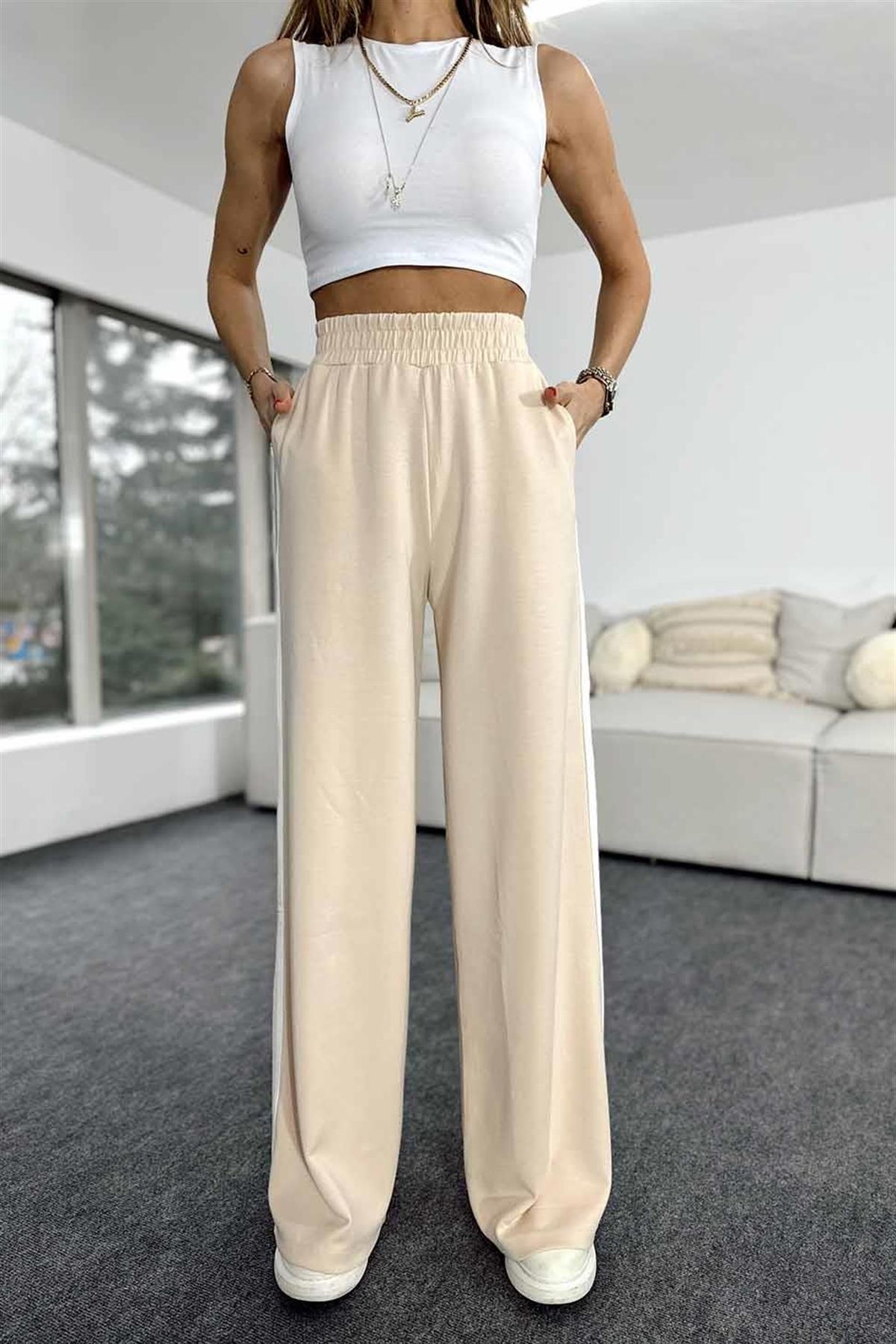 Oysho Kumaş Yan Şerit Detaylı Beli Lastikli Kadın Eşofman (Bej)