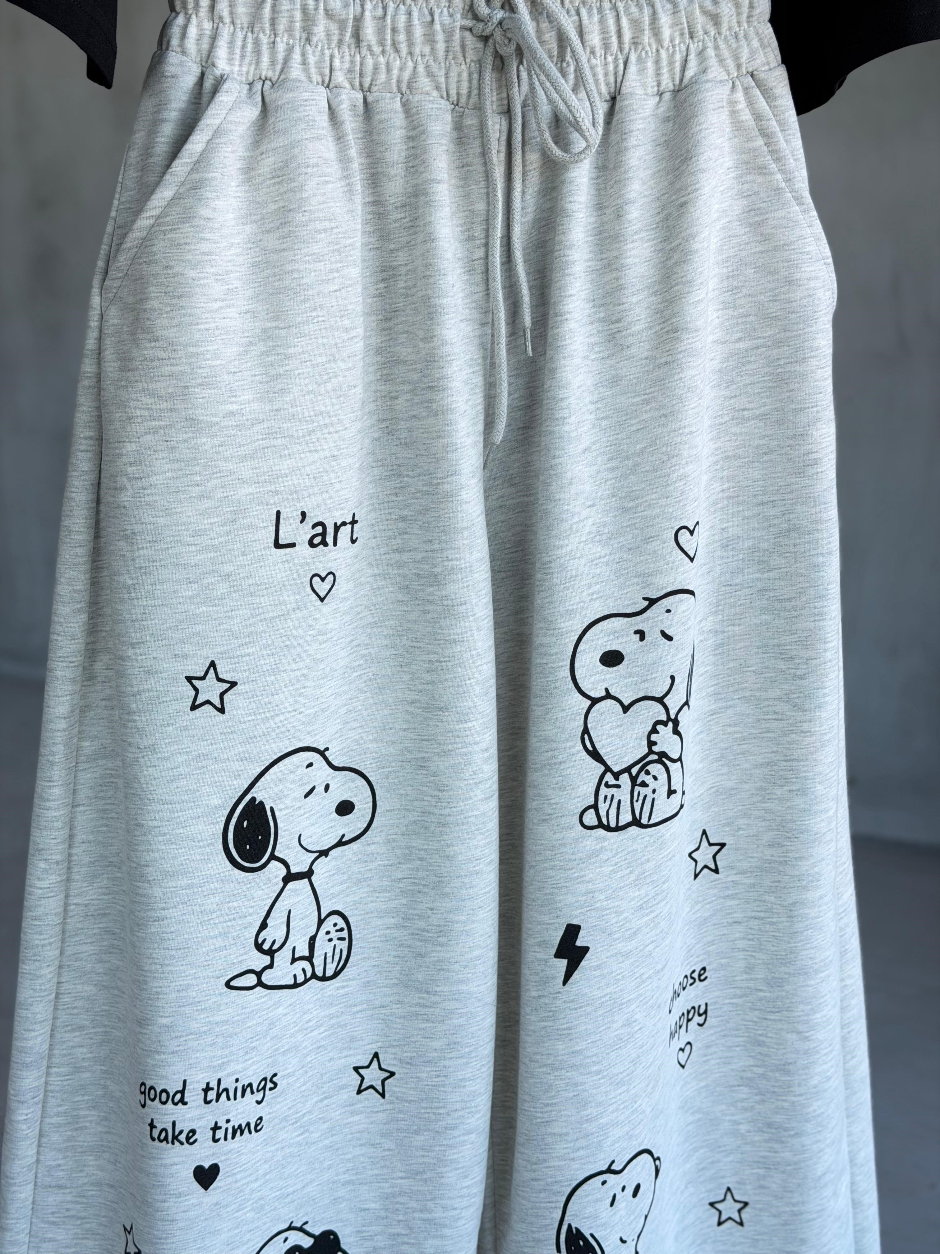 Özel Tasarım Snoopy Desenli   Pantolon (Gri)