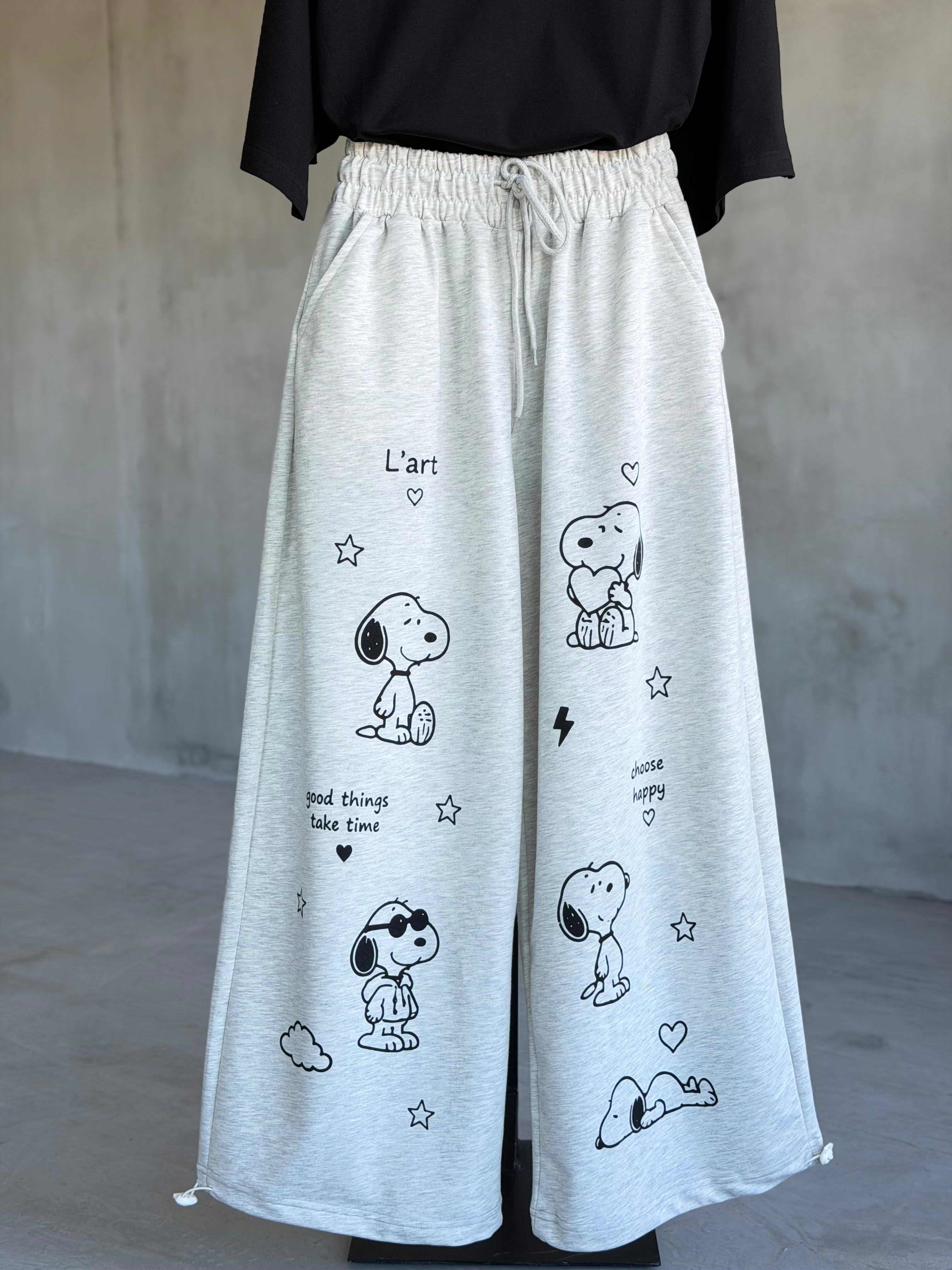 Özel Tasarım Snoopy Desenli   Pantolon (Gri)
