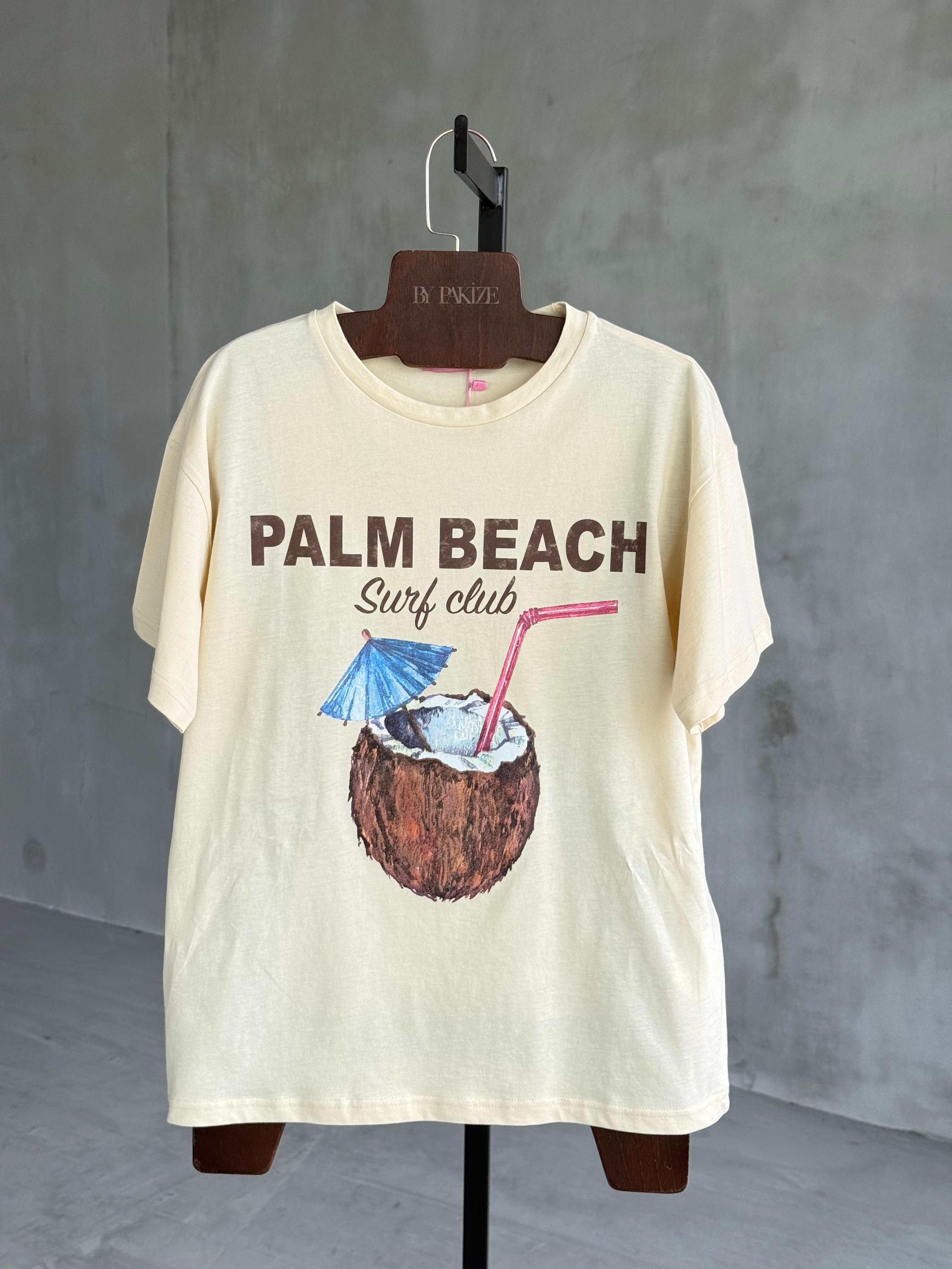 Palm Beach Coconut Baskılı Tişört (Krem)