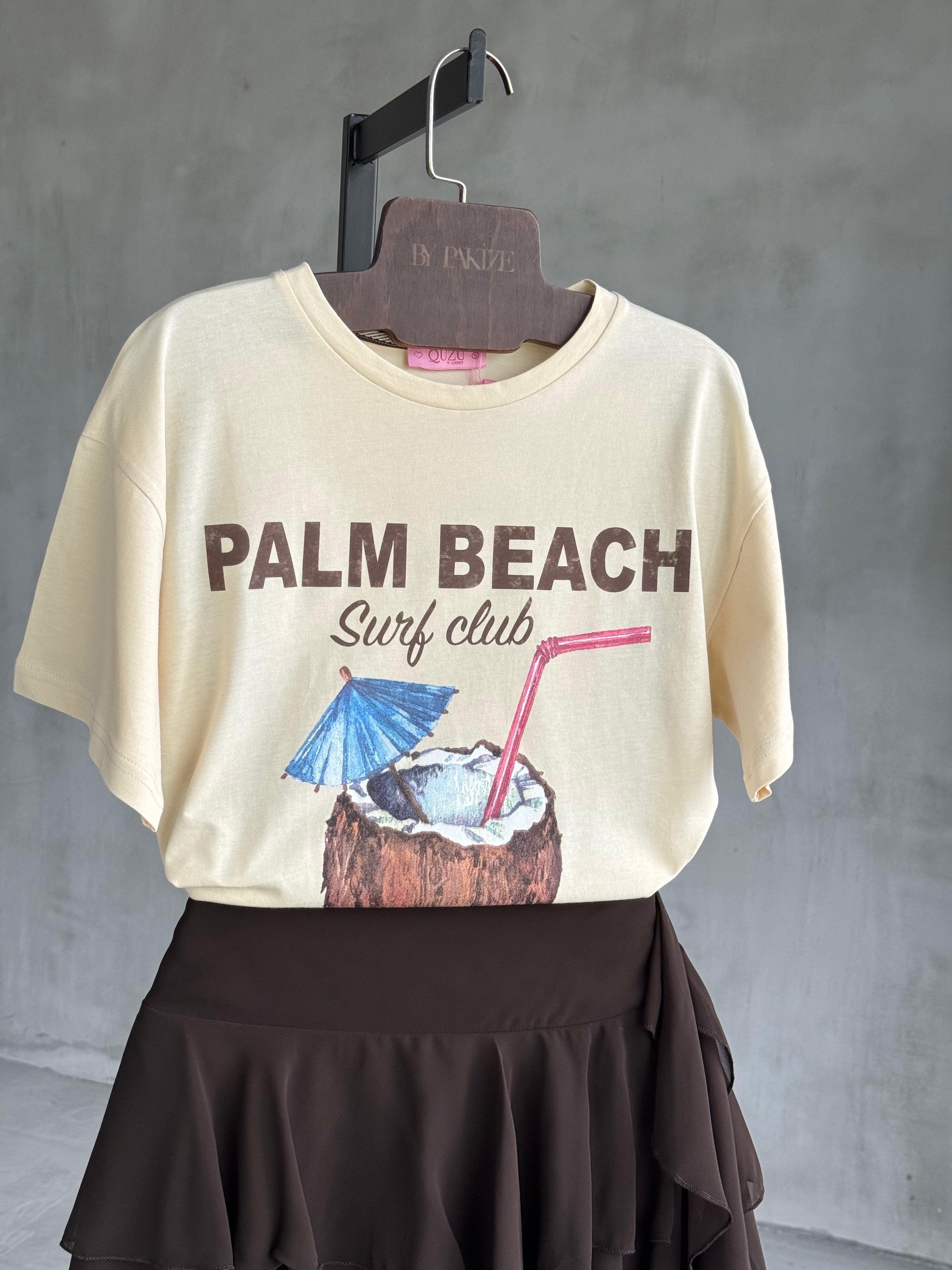Palm Beach Coconut Baskılı Tişört (Krem)