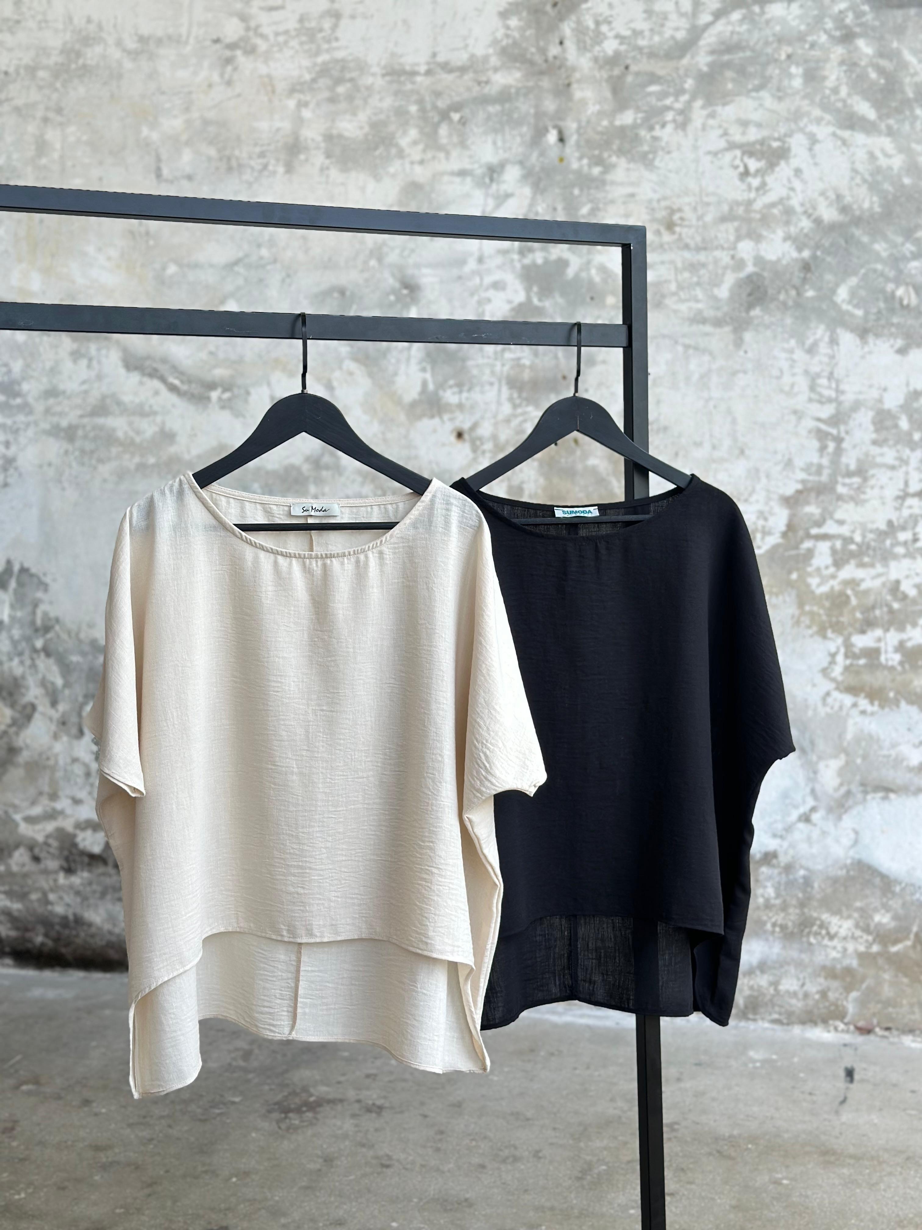 Pamuk Keten Kadın Bluz (Siyah/Beyaz)