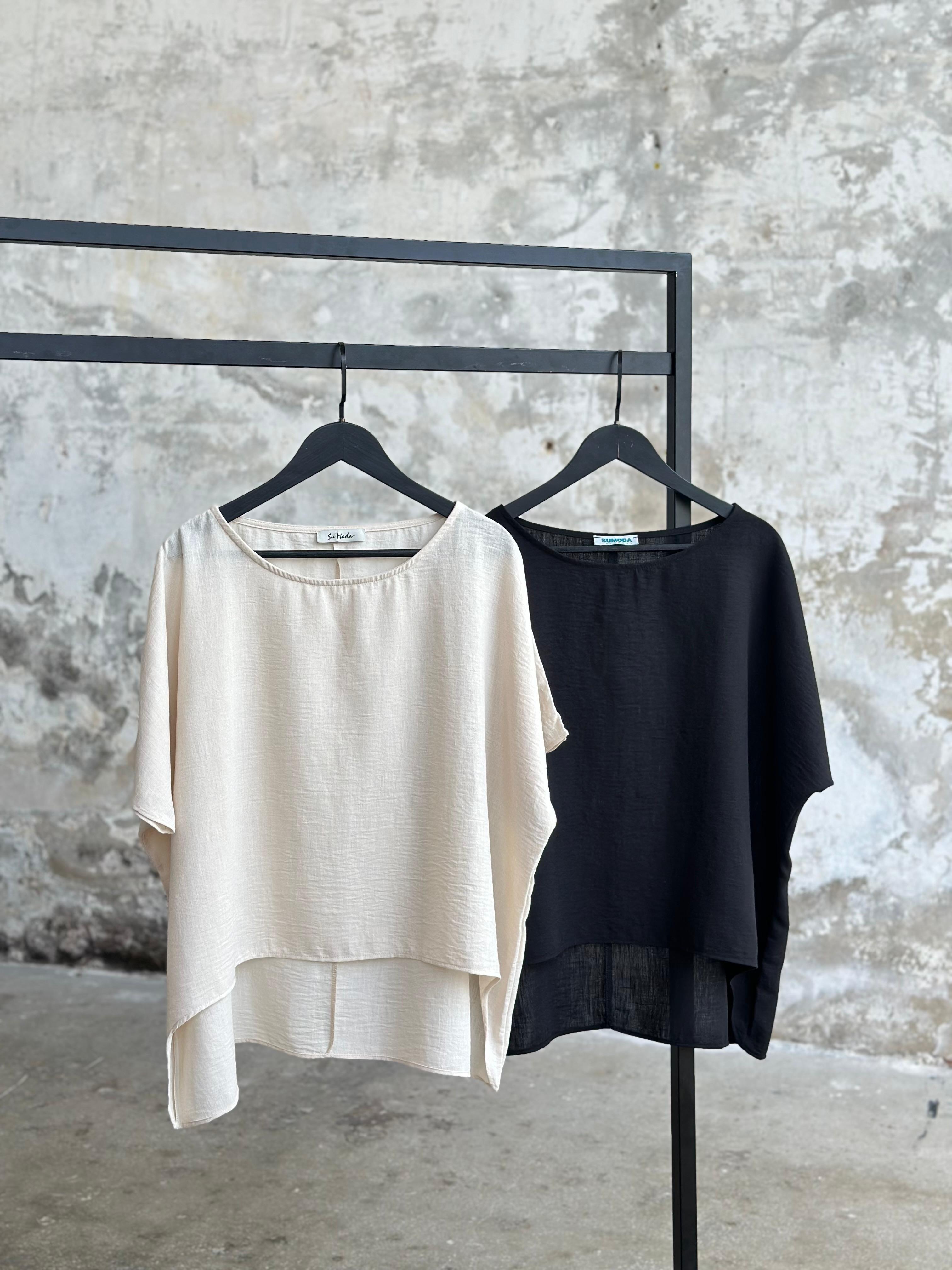 Pamuk Keten Kadın Bluz (Siyah/Beyaz)