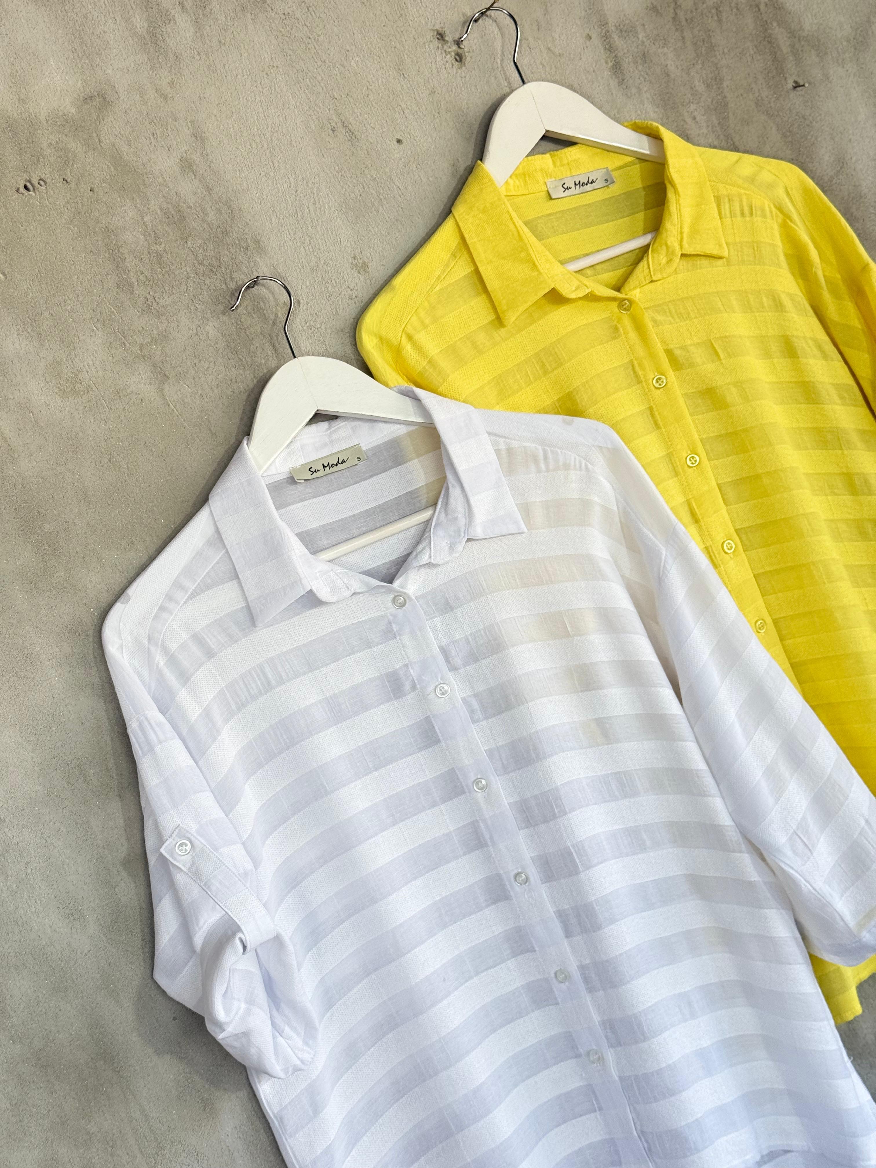 Pamuk Keten Oversize Gömlek (Limon Sarısı)