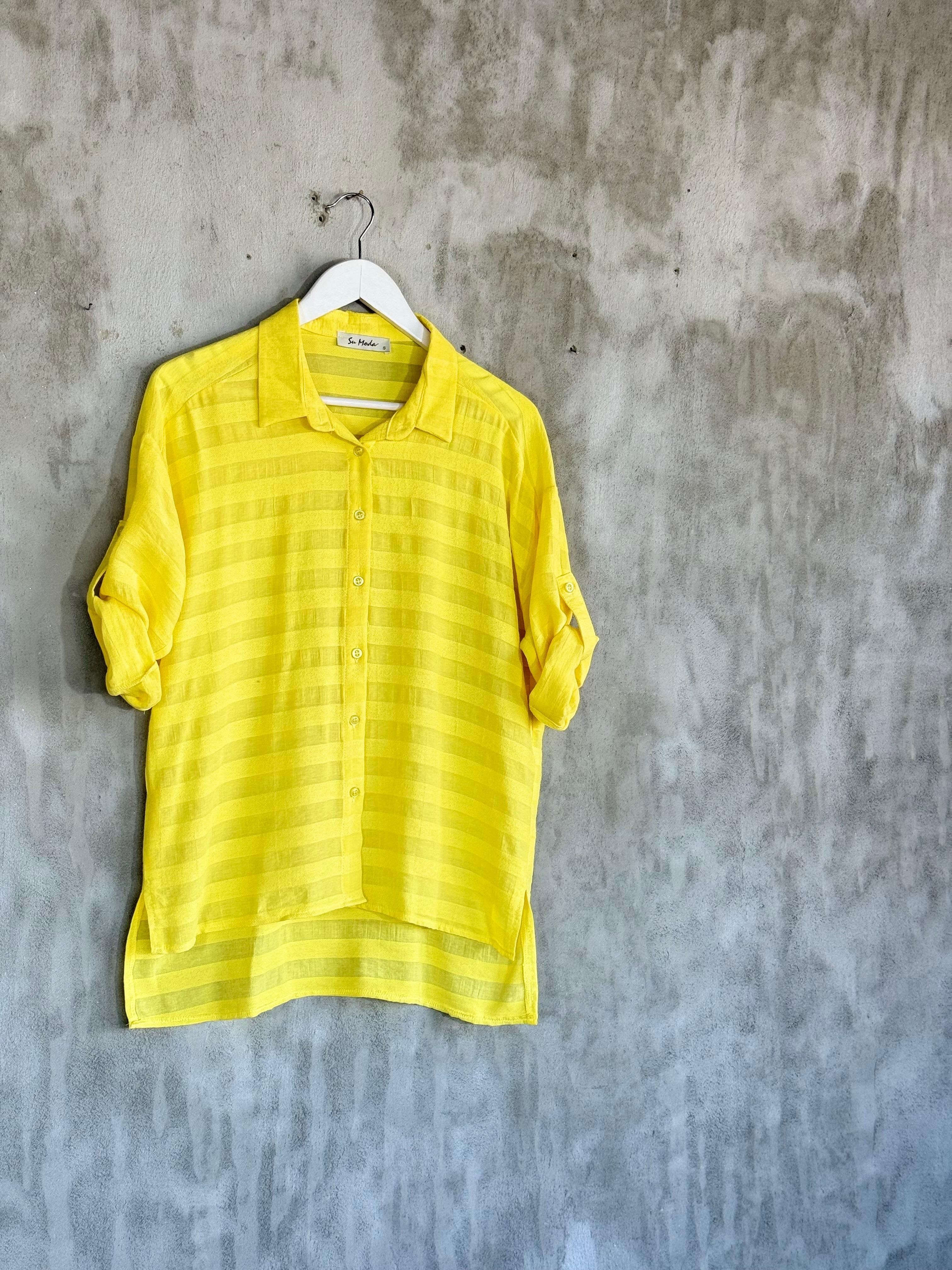Pamuk Keten Oversize Gömlek (Limon Sarısı)