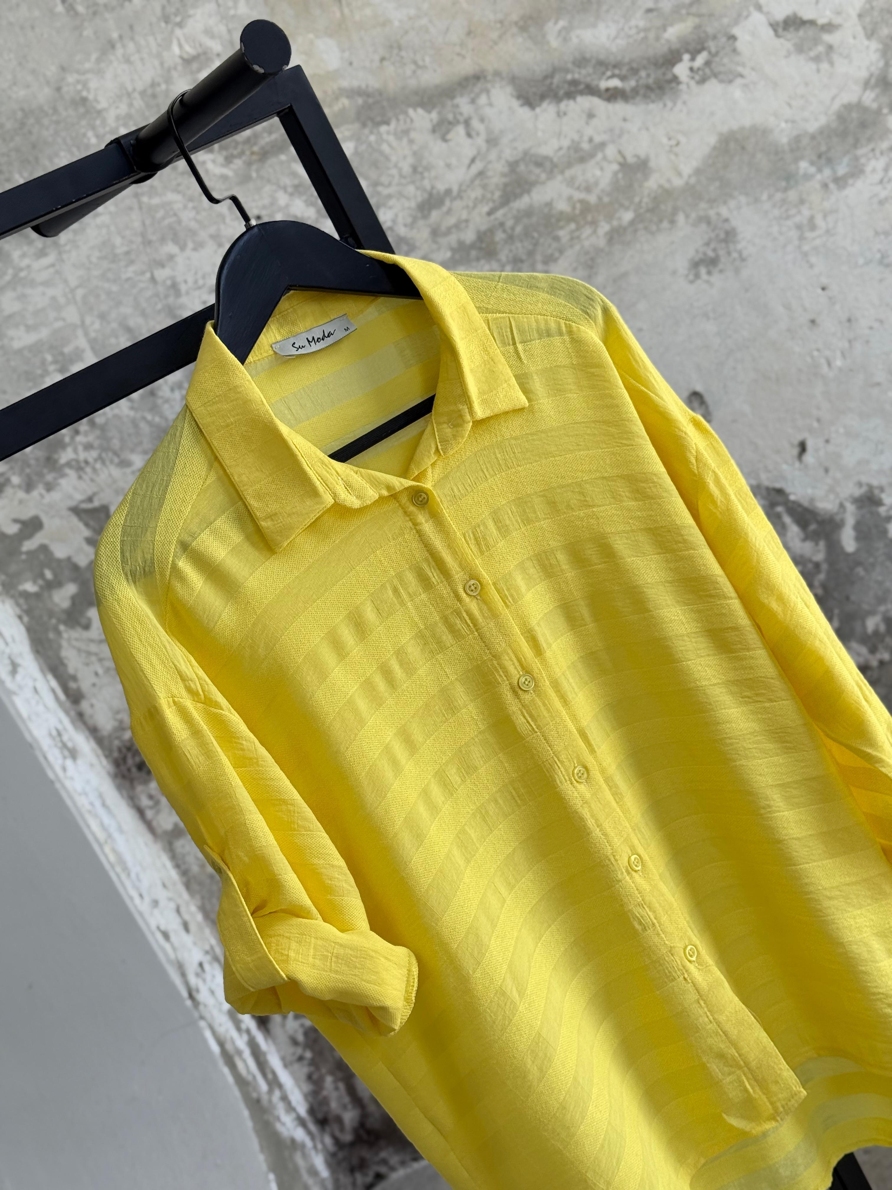Pamuk Keten Oversize Gömlek (Limon Sarısı)