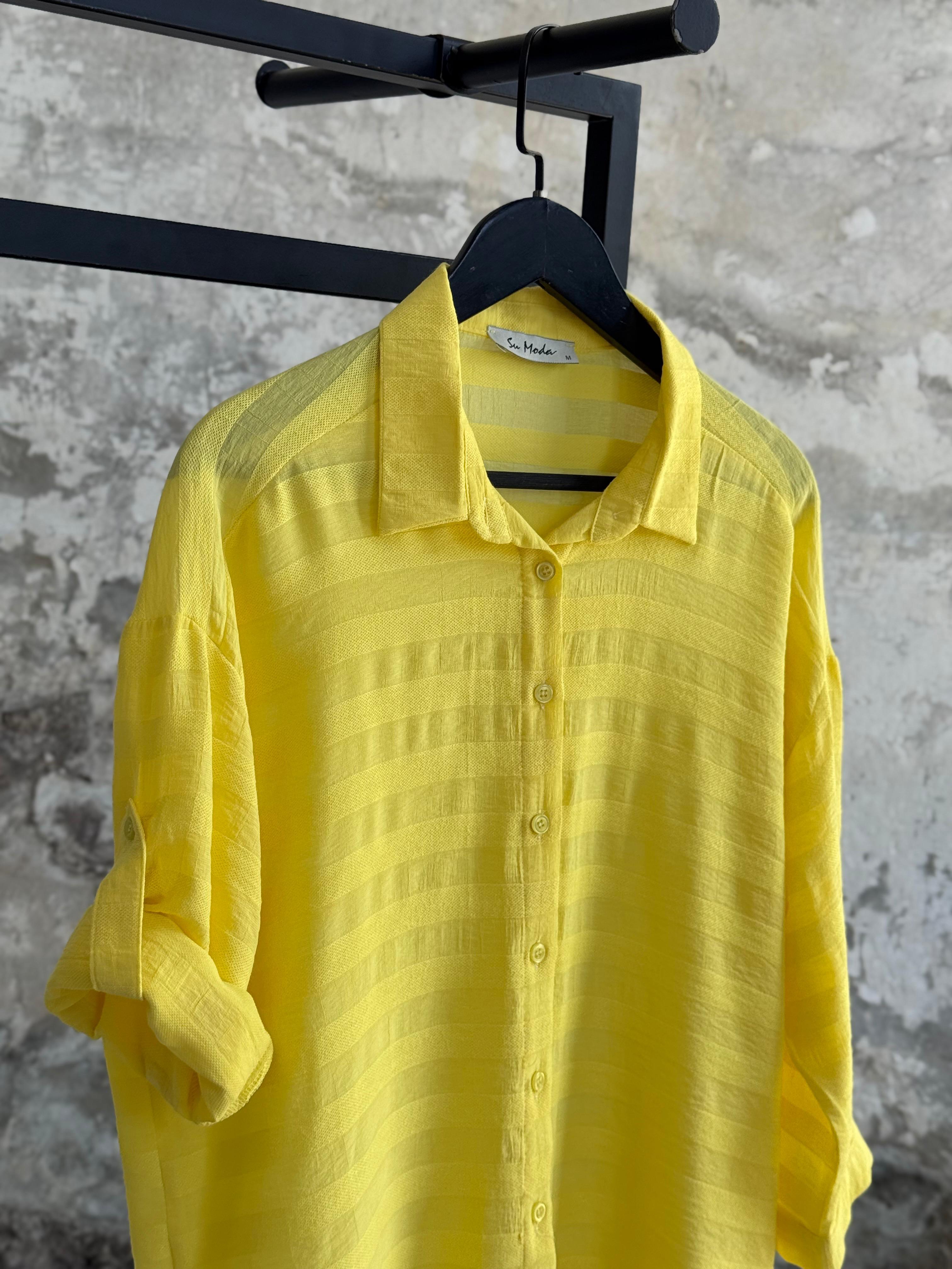 Pamuk Keten Oversize Gömlek (Limon Sarısı)
