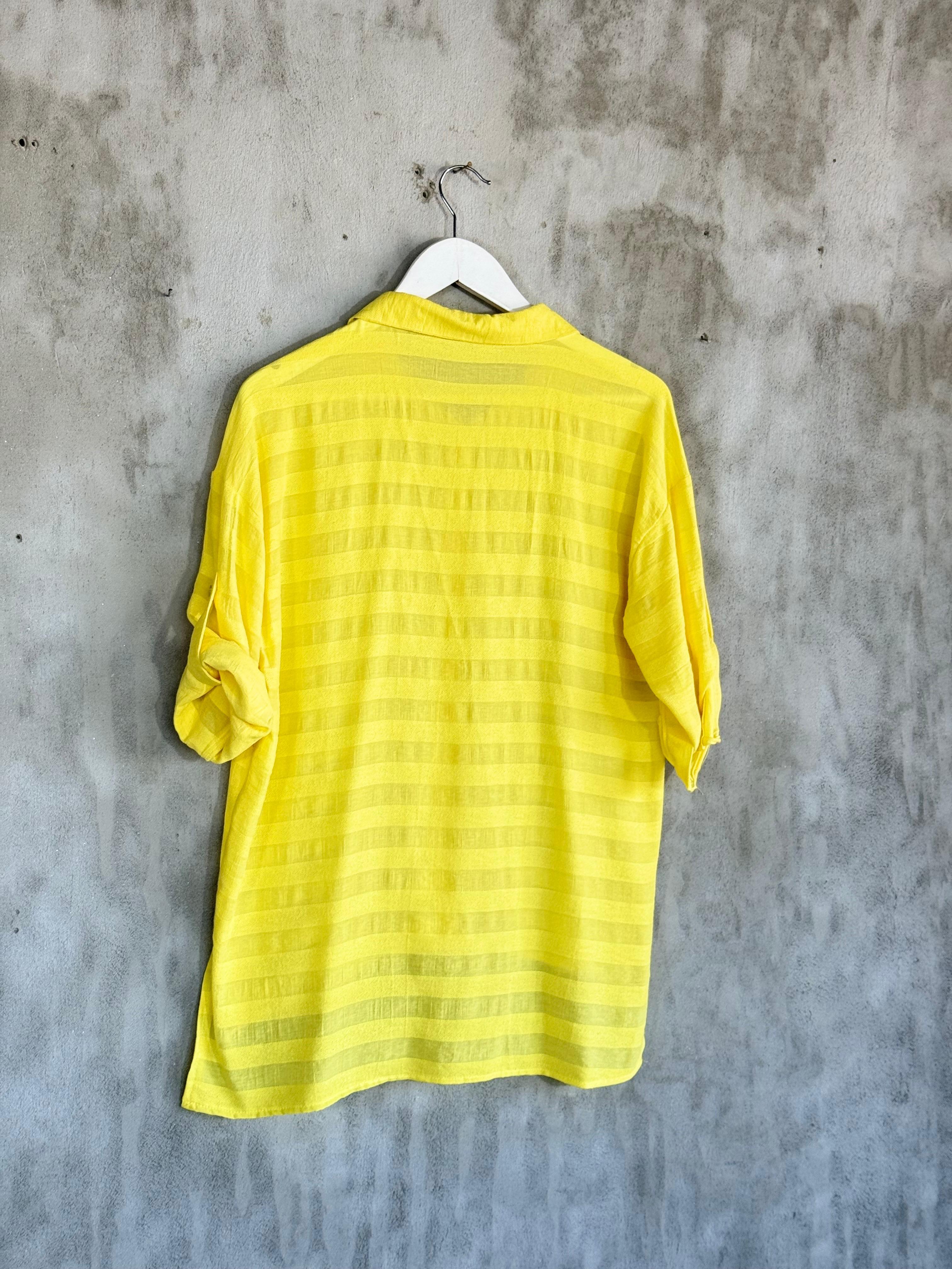 Pamuk Keten Oversize Gömlek (Limon Sarısı)