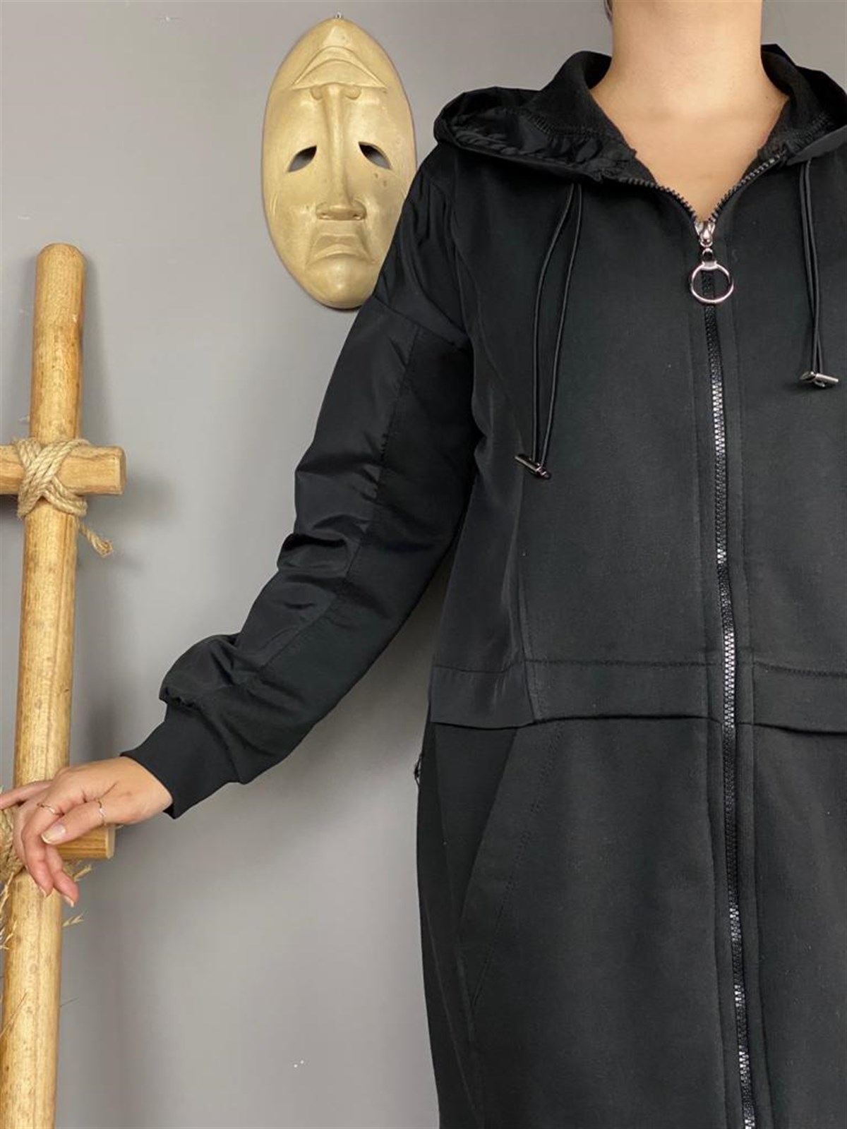 Paraşüt Kumaş Detaylı Uzun Tunik Ceket (Siyah)