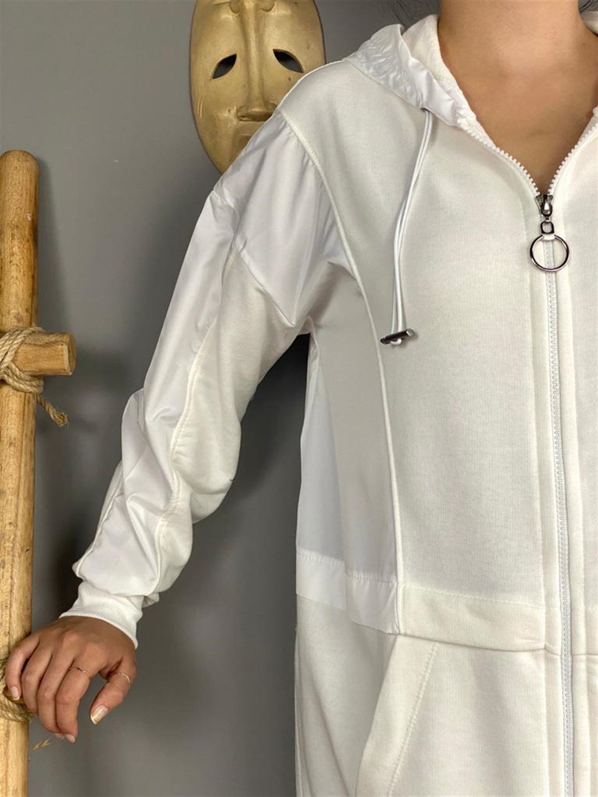 Paraşüt Kumaş Detaylı Uzun Tunik Ceket (Ekru)