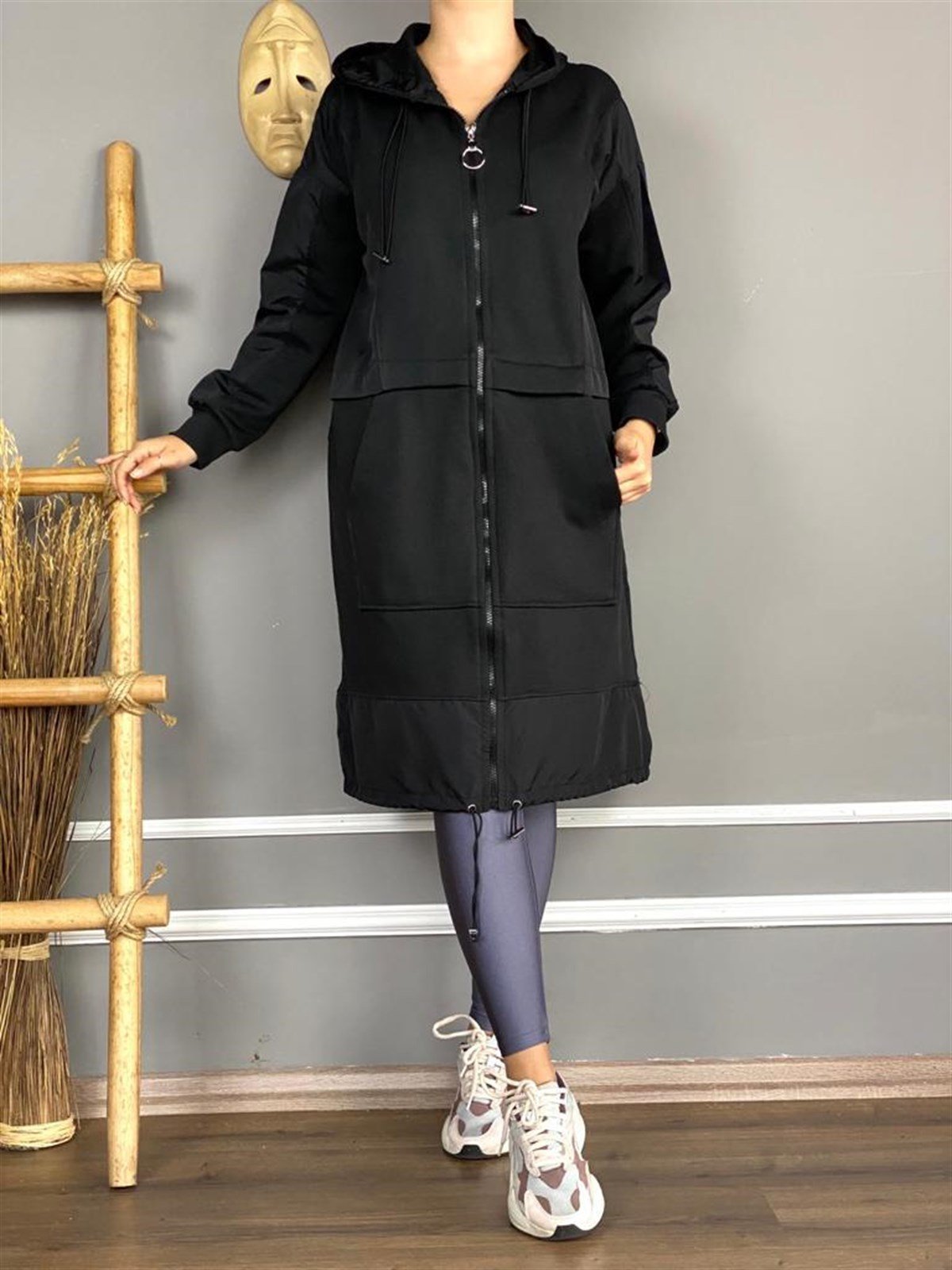 Paraşüt Kumaş Detaylı Uzun Tunik Ceket (Siyah)