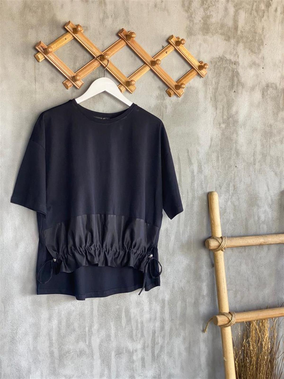 Paraşüt Kumaş Ön Büzgülü Tshirt (Siyah)