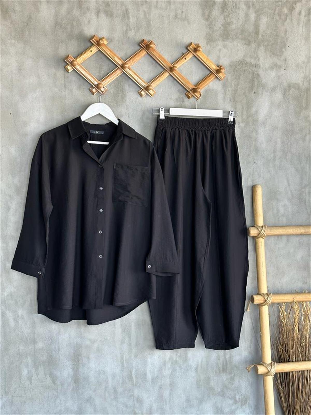 Paraşüt Kumaş Şalvar Pantolonlu Takım (Siyah)