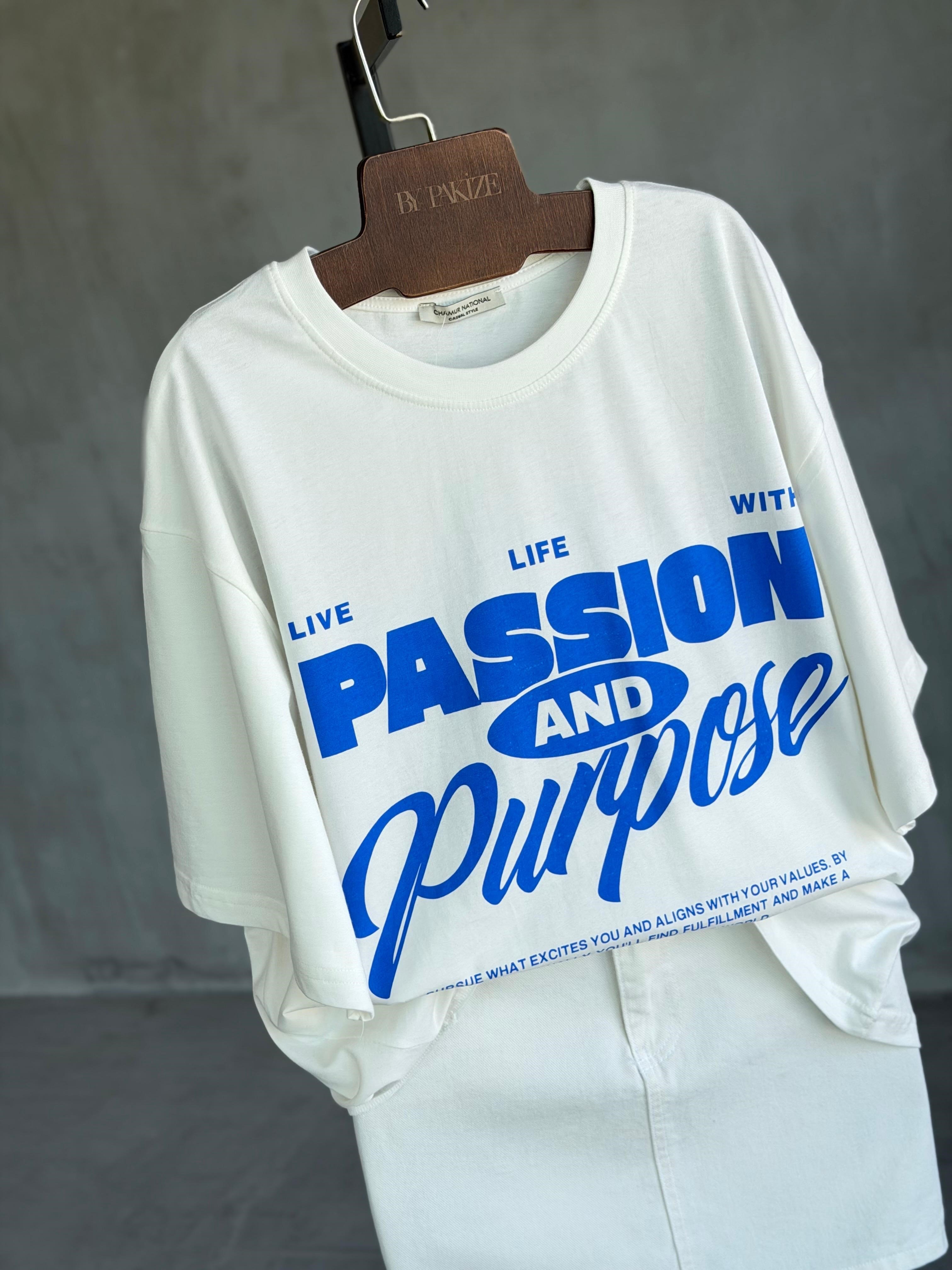 Passion Mavi Yazı Baskılı Oversize Dokuma Tişört (Beyaz)