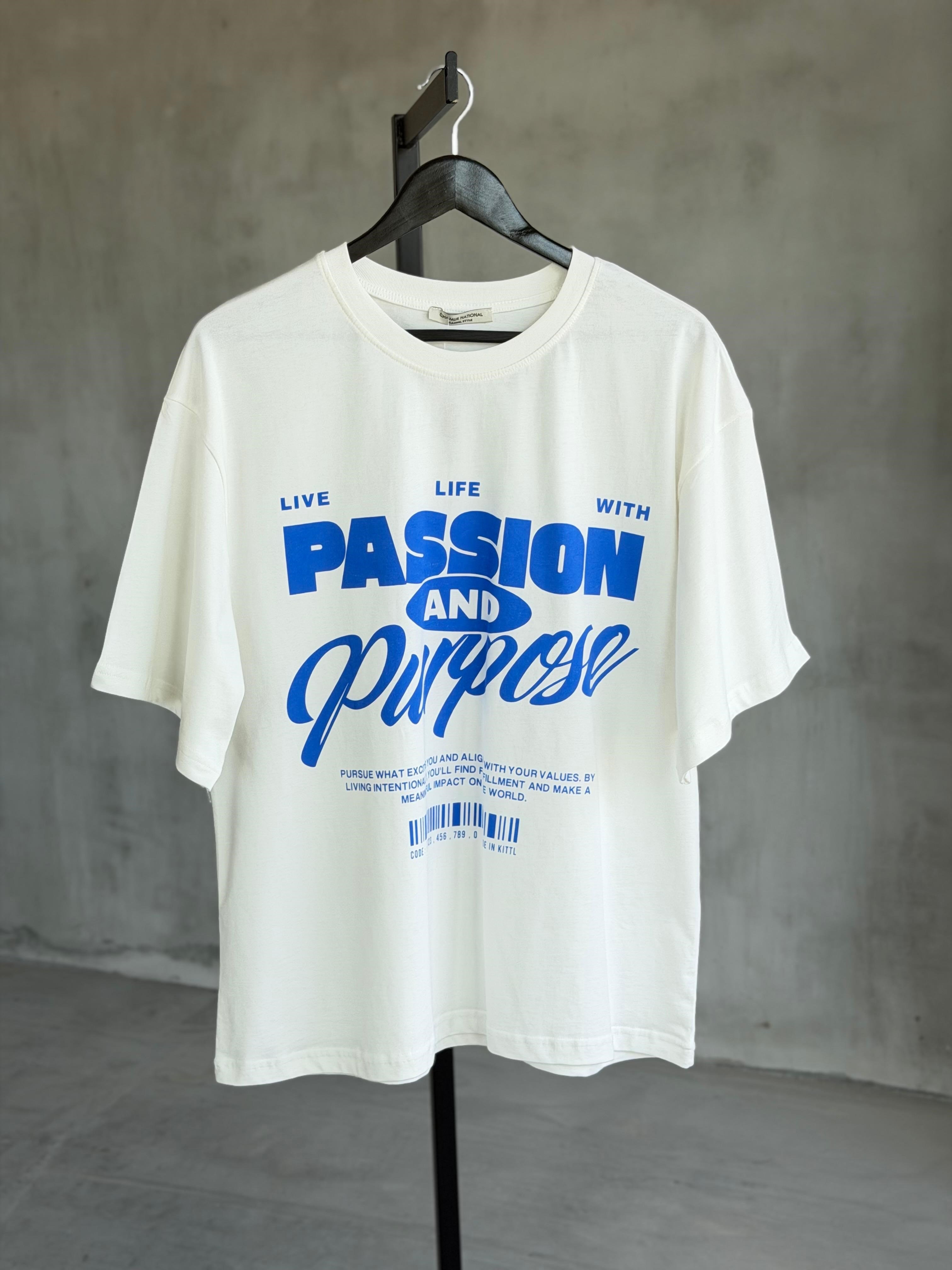 Passion Mavi Yazı Baskılı Oversize Dokuma Tişört (Beyaz)