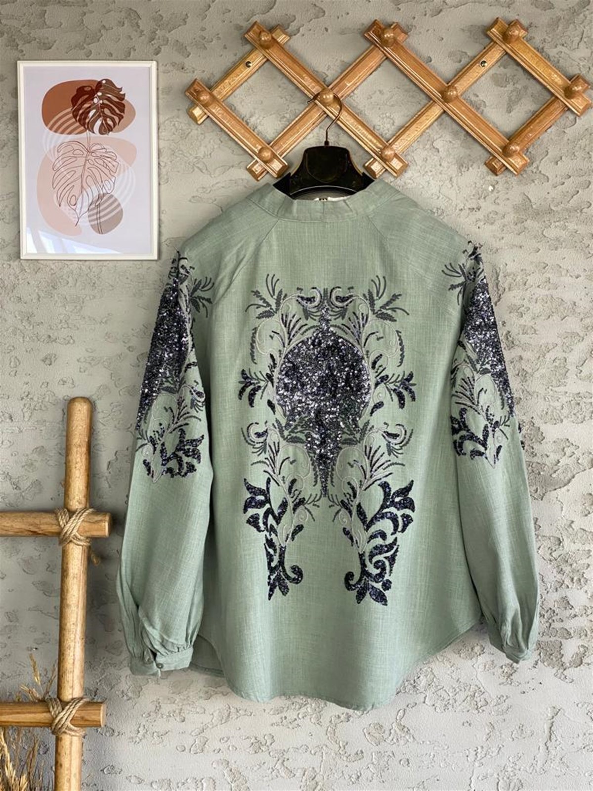 Payetli Özel El İşlemeli Kimono (Çağla Yeşil)