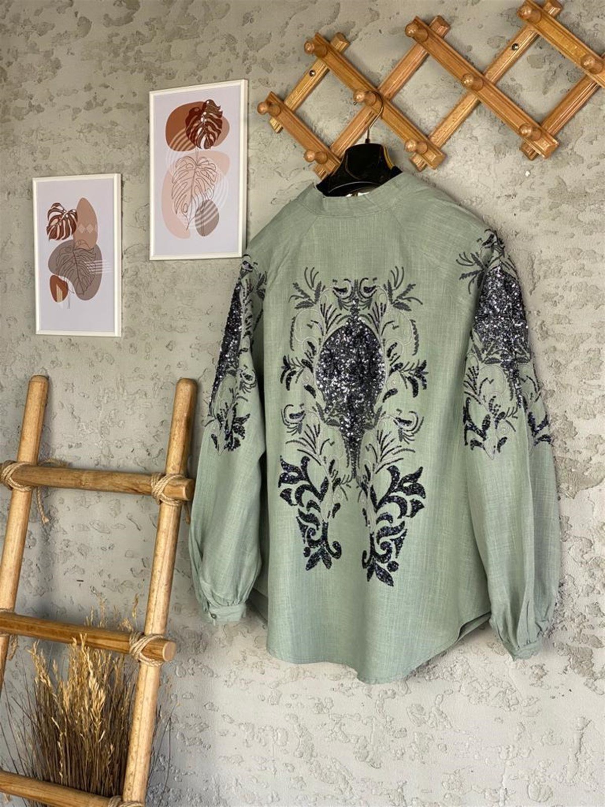 Payetli Özel El İşlemeli Kimono (Çağla Yeşil)
