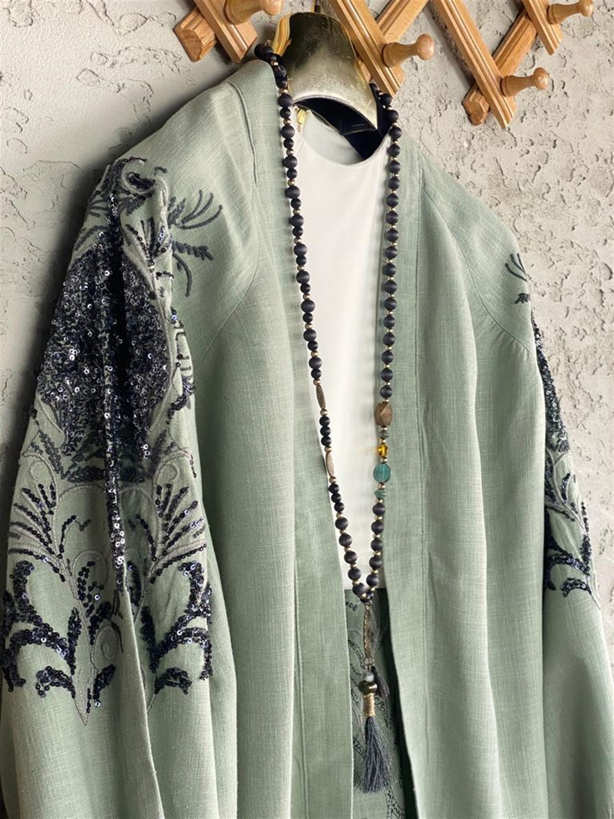 Payetli Özel El İşlemeli Kimono (Çağla Yeşil)