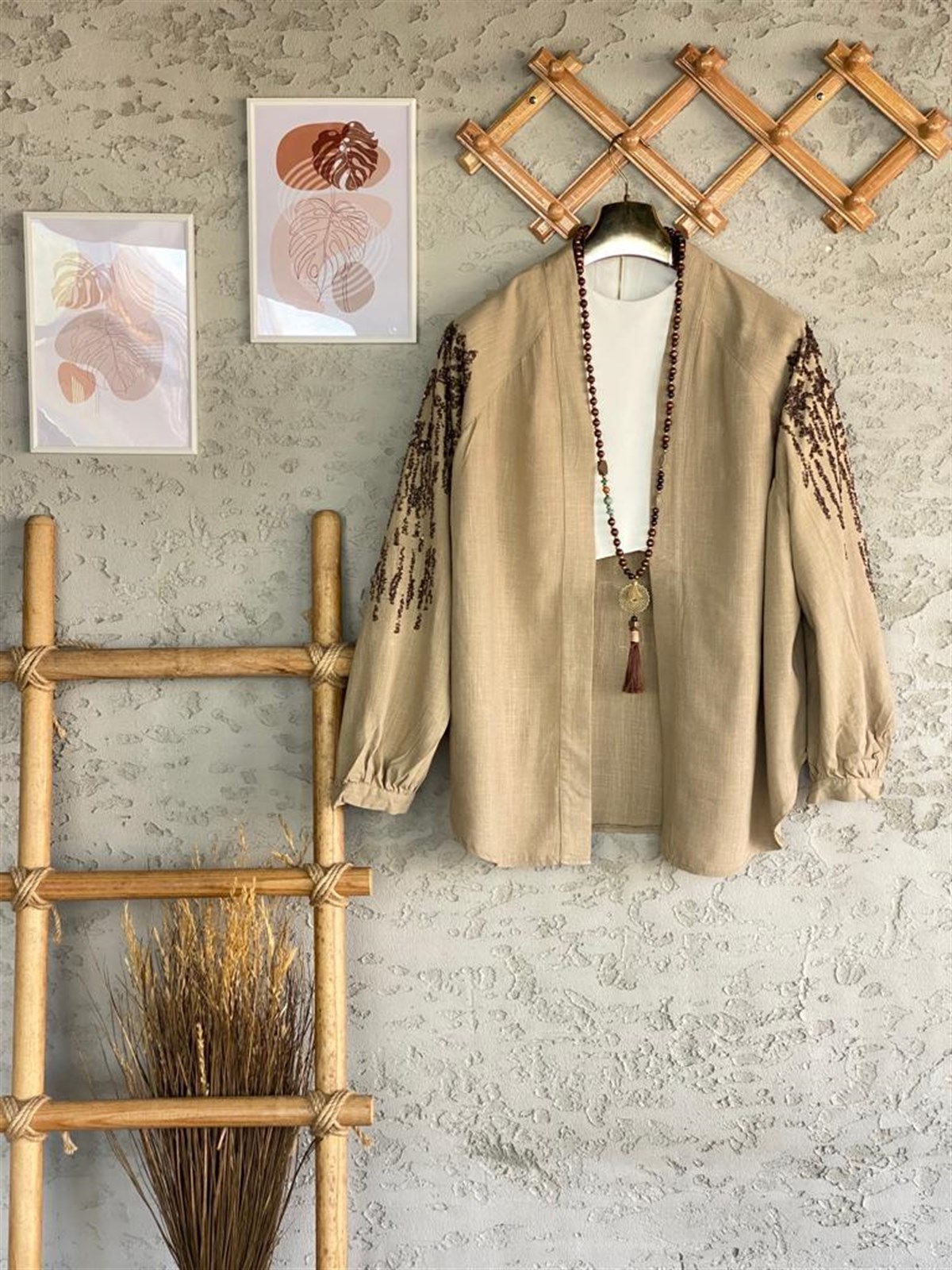Payetli Özel El İşlemeli Kimono (Camel)