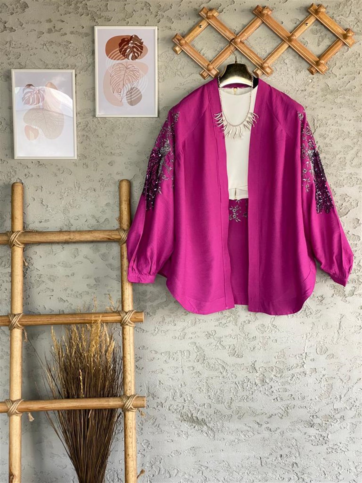 Payetli Özel El İşlemeli Kimono (Fuşya)