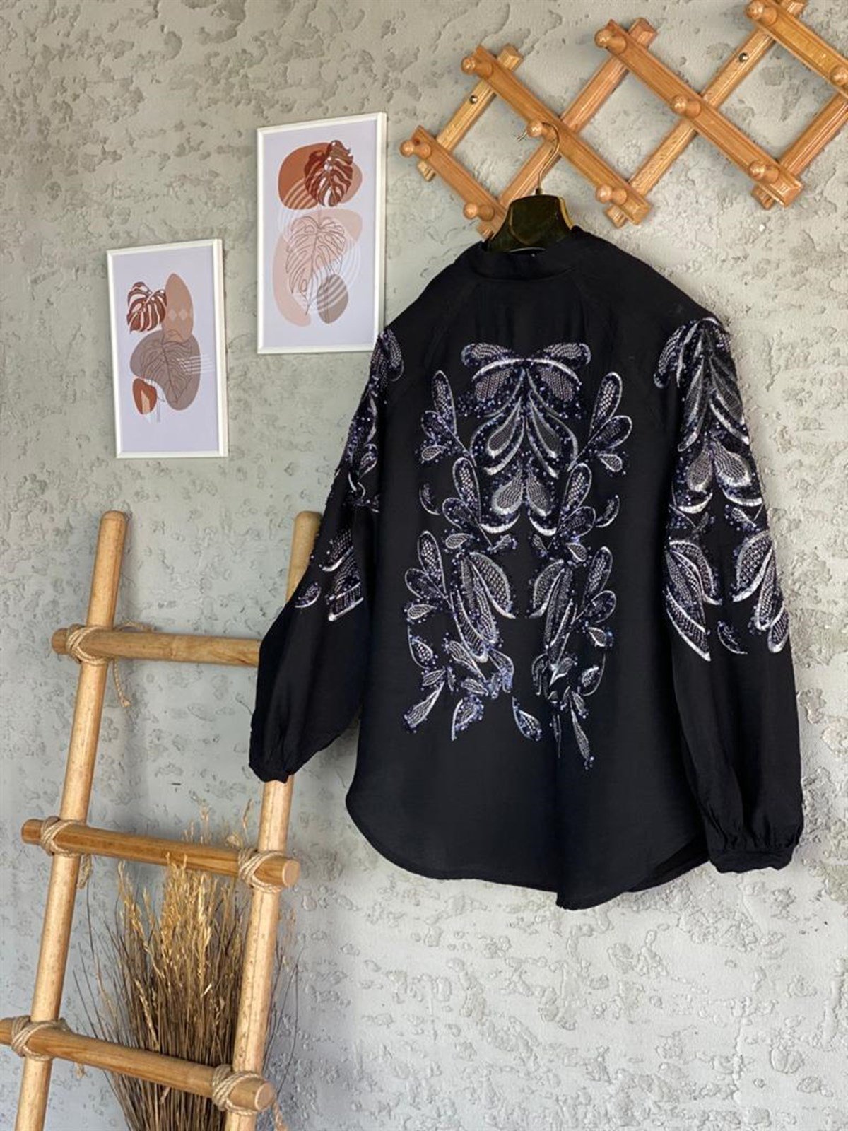 Payetli Özel El İşlemeli Kimono (Siyah)