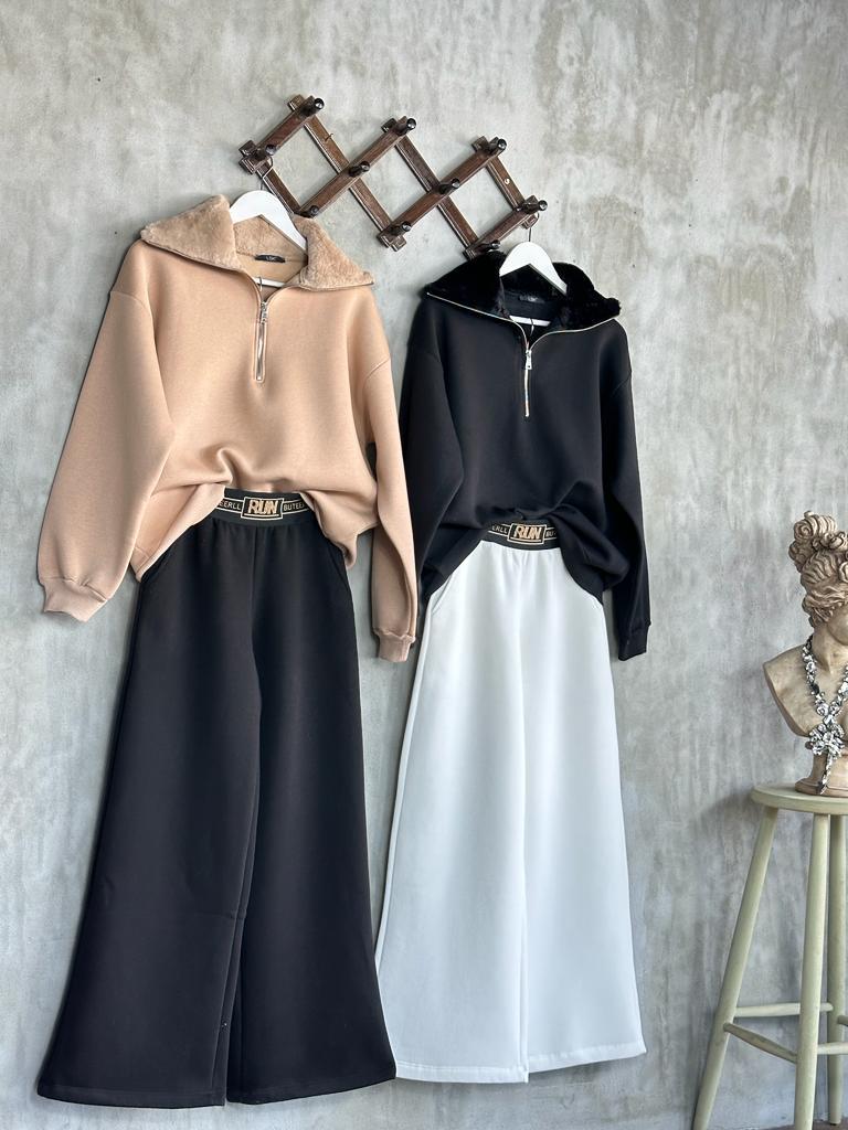 Peluş Yaka Yarım Fermuarlı Şardonlu Kadın Sweat (Camel)