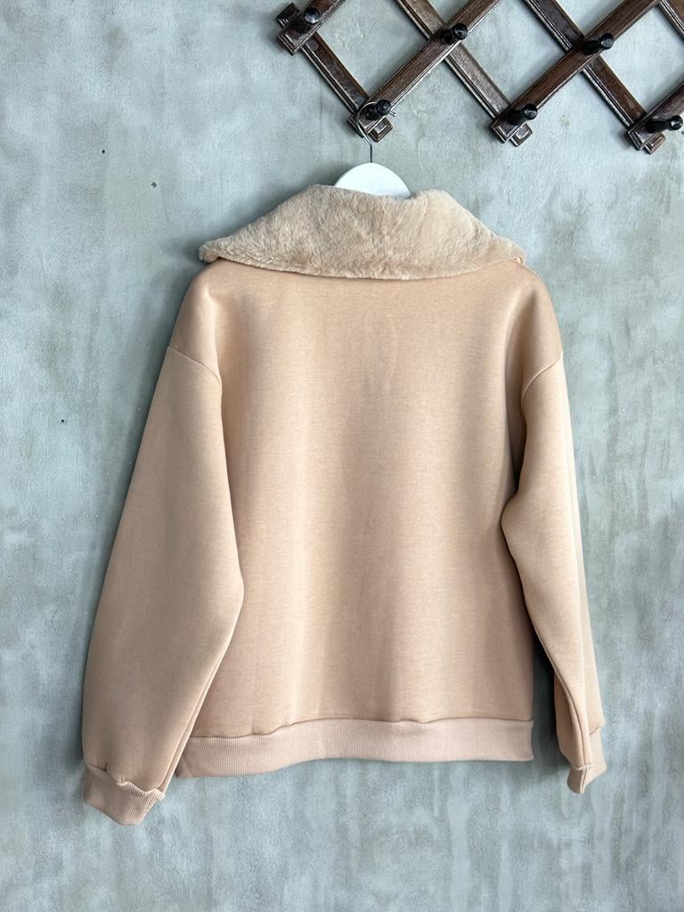 Peluş Yaka Yarım Fermuarlı Şardonlu Kadın Sweat (Camel)