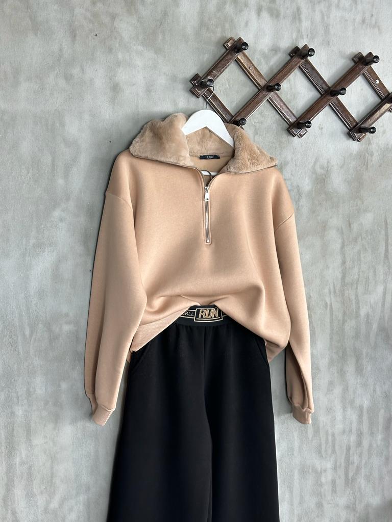 Peluş Yaka Yarım Fermuarlı Şardonlu Kadın Sweat (Camel)
