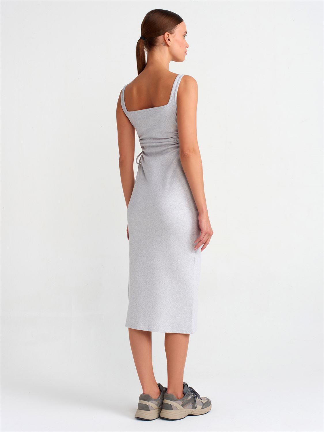 Pencere Detaylı Uzun Elbise (Gri)