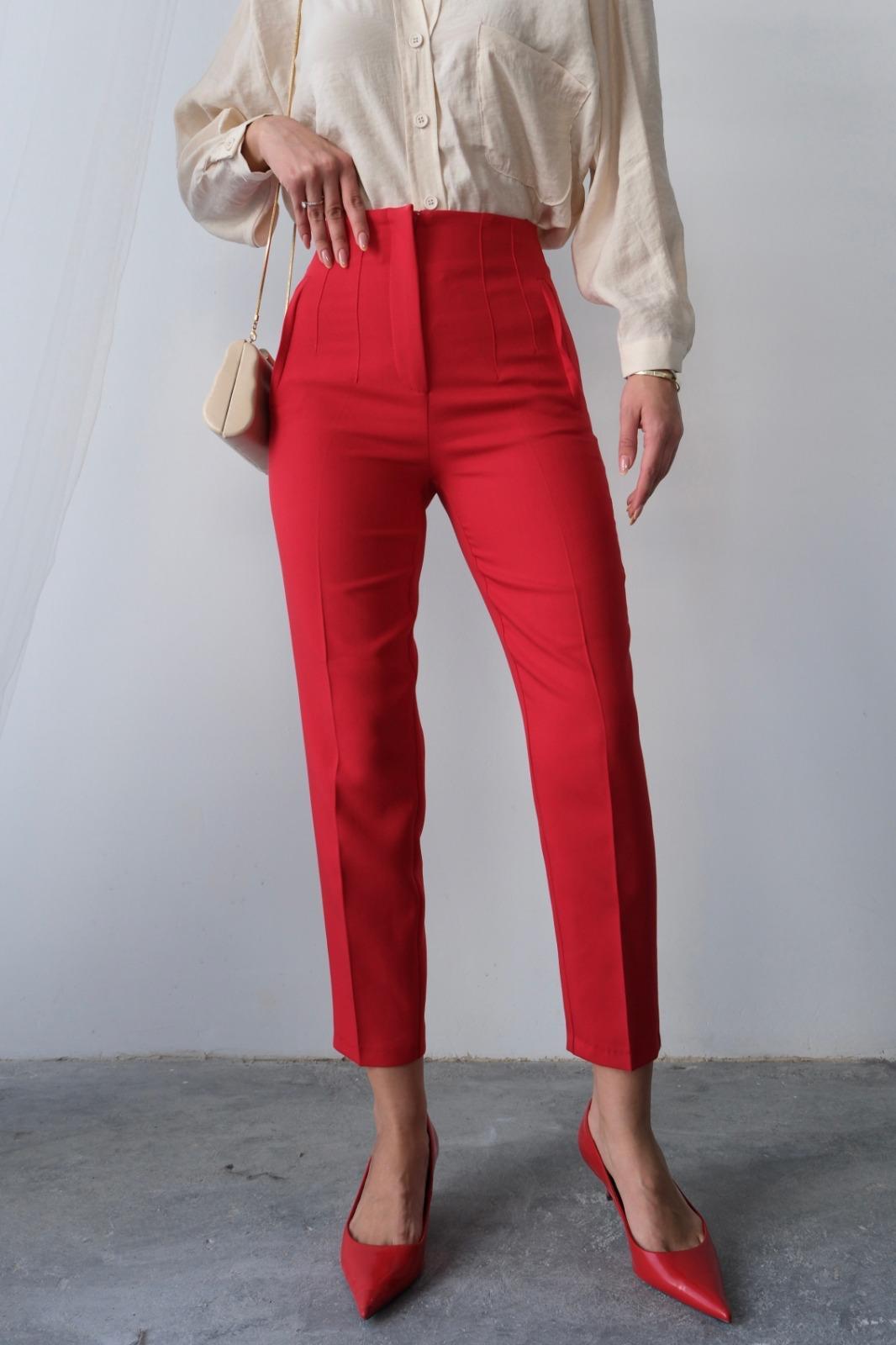 Pens Detaylı Yüksek Bel Kumaş Pantolon (Kırmızı)