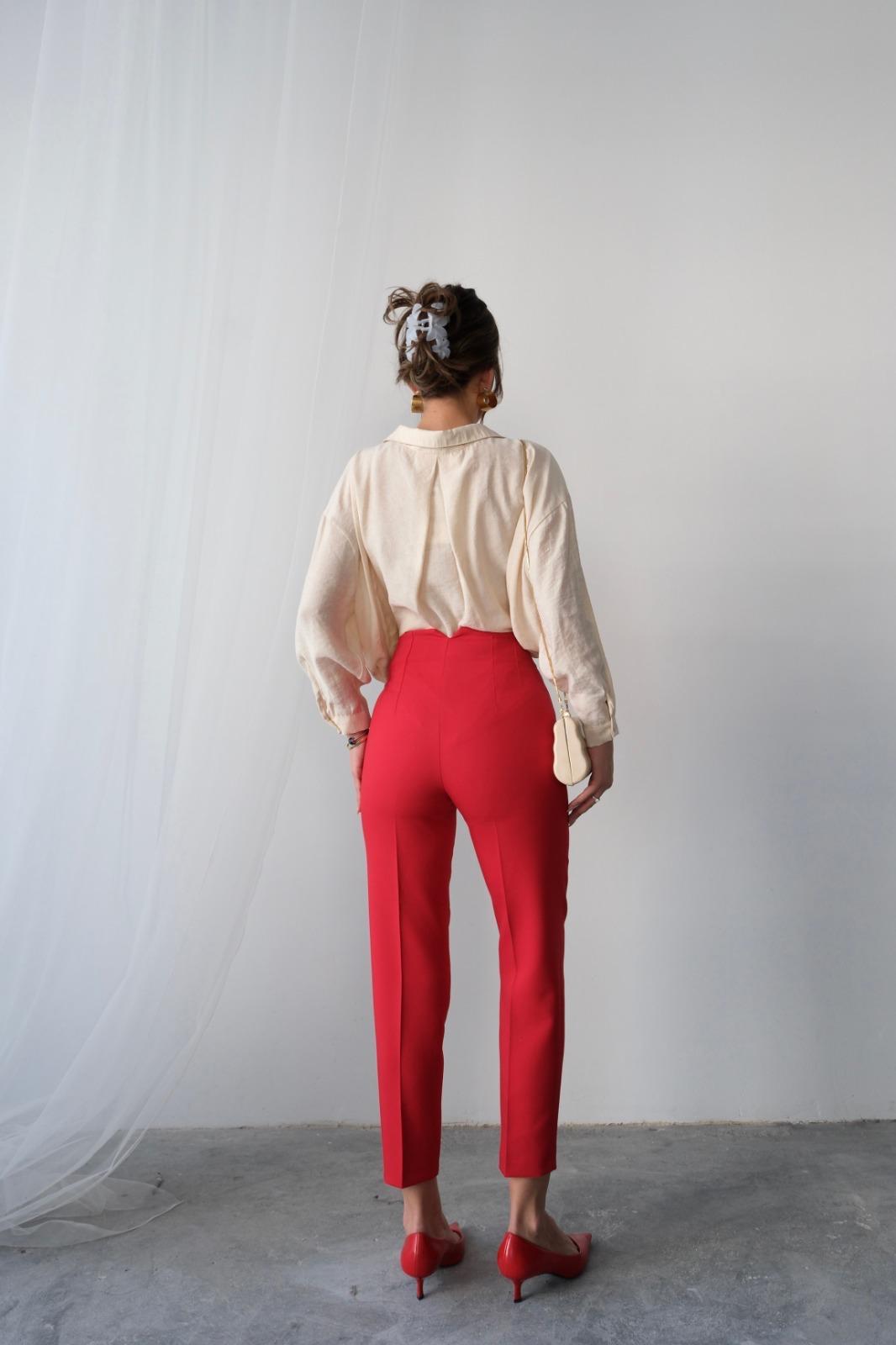 Pens Detaylı Yüksek Bel Kumaş Pantolon (Kırmızı)