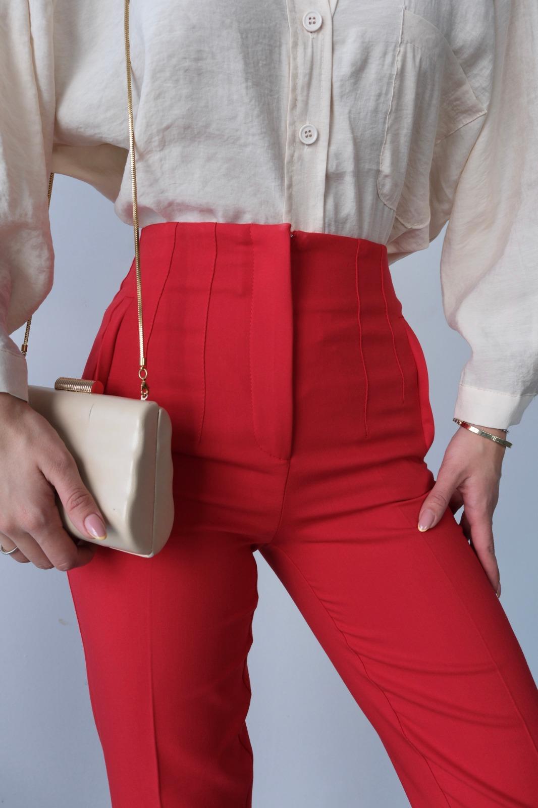 Pens Detaylı Yüksek Bel Kumaş Pantolon (Kırmızı)