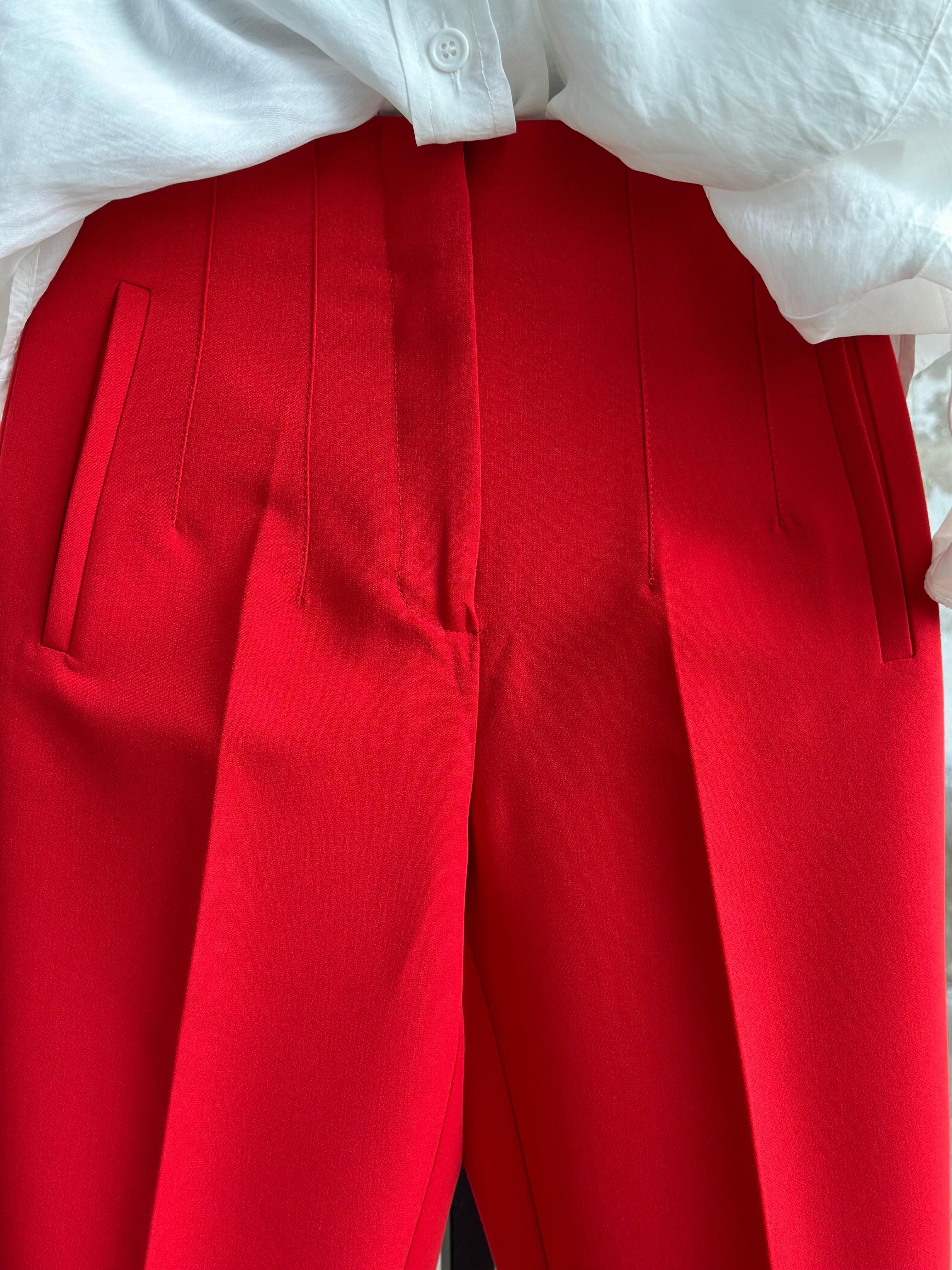 Pens Detaylı Yüksek Bel Kumaş Pantolon (Kırmızı)