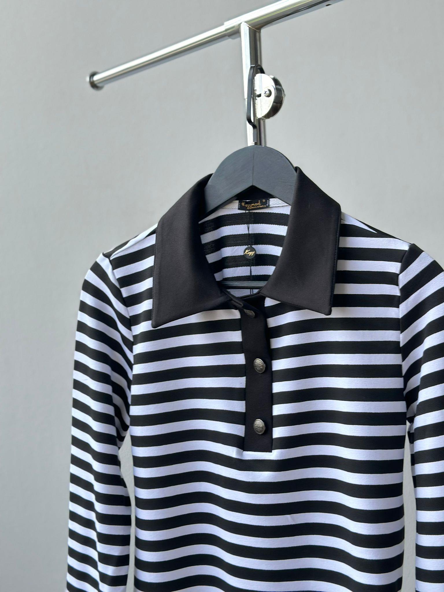 Polo Yaka Çizgili Sweat (Siyah)
