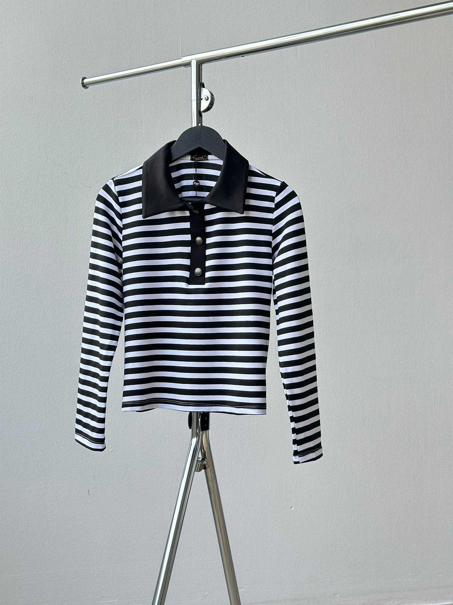 Polo Yaka Çizgili Sweat (Siyah)