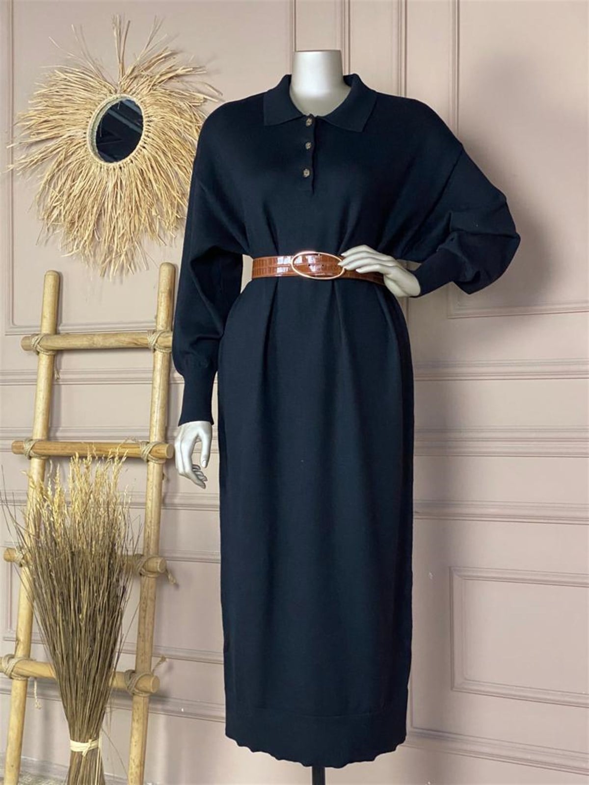 Polo Yaka Düğmeli Elbise (Siyah)