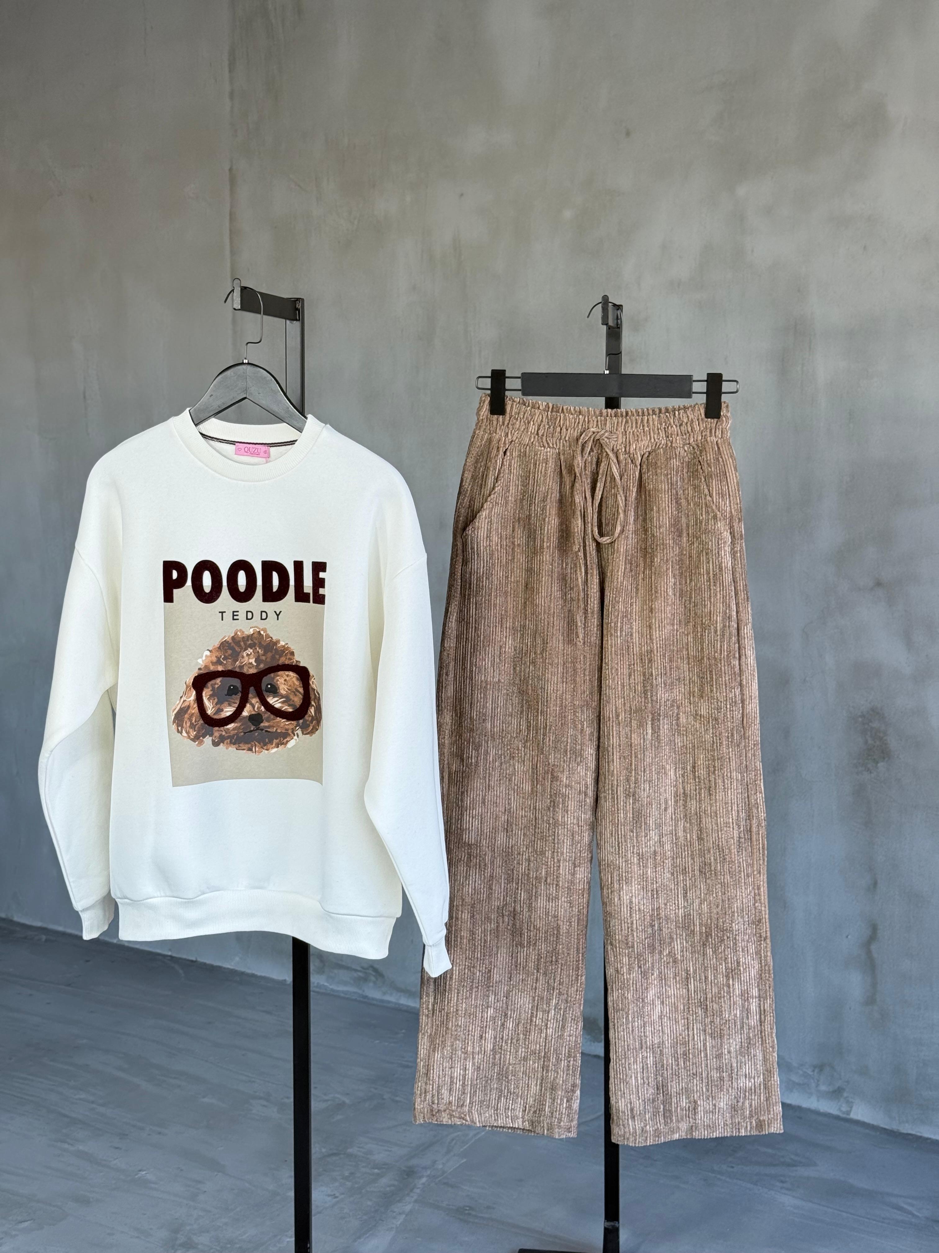 Poodle Baskılı Dokulu Gözlük Detaylı Sweatshırt (Beyaz)