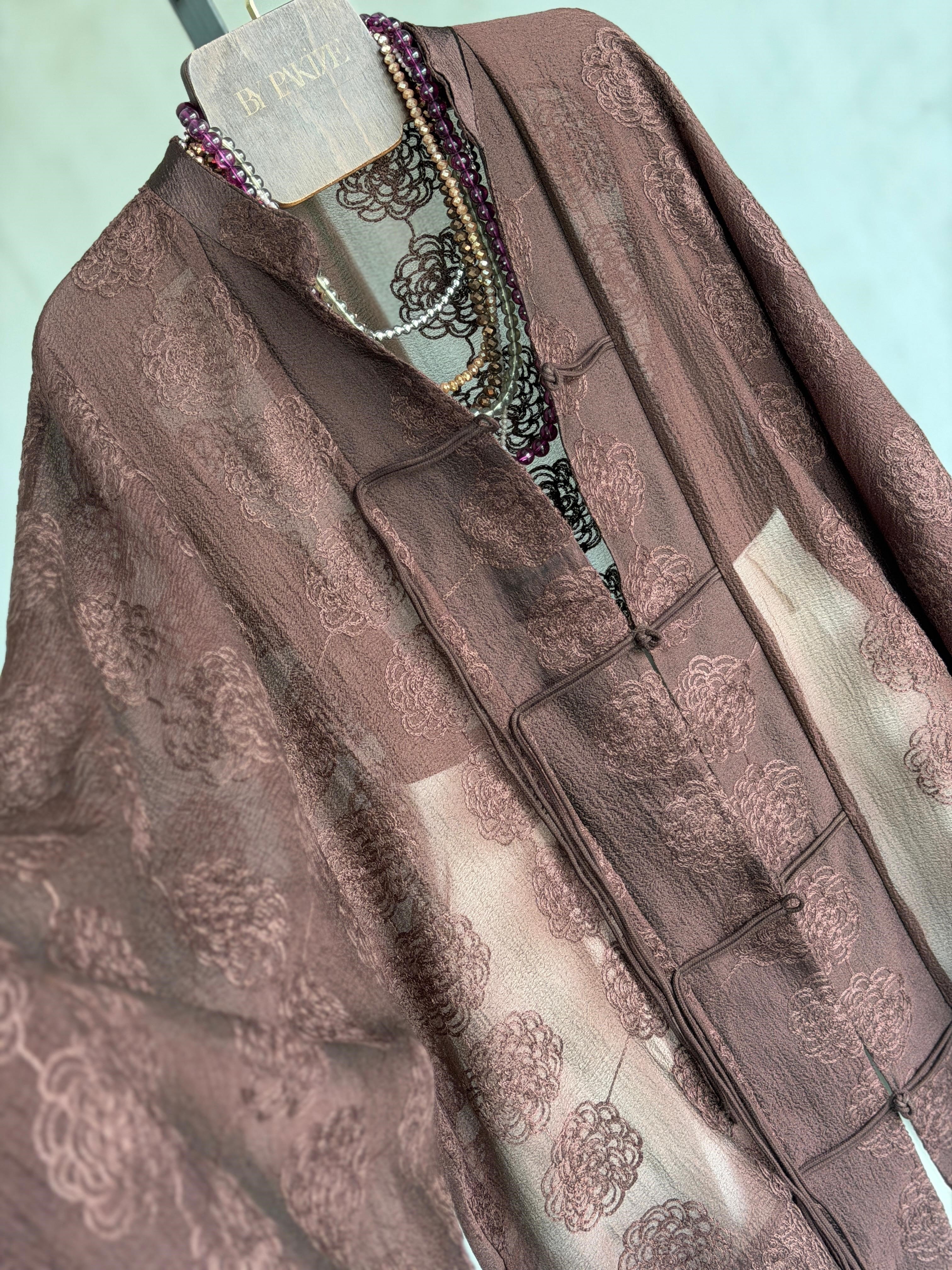 Premium Brode Kumaş Bağlama Detaylı Kimono Gömlek (Kahve)