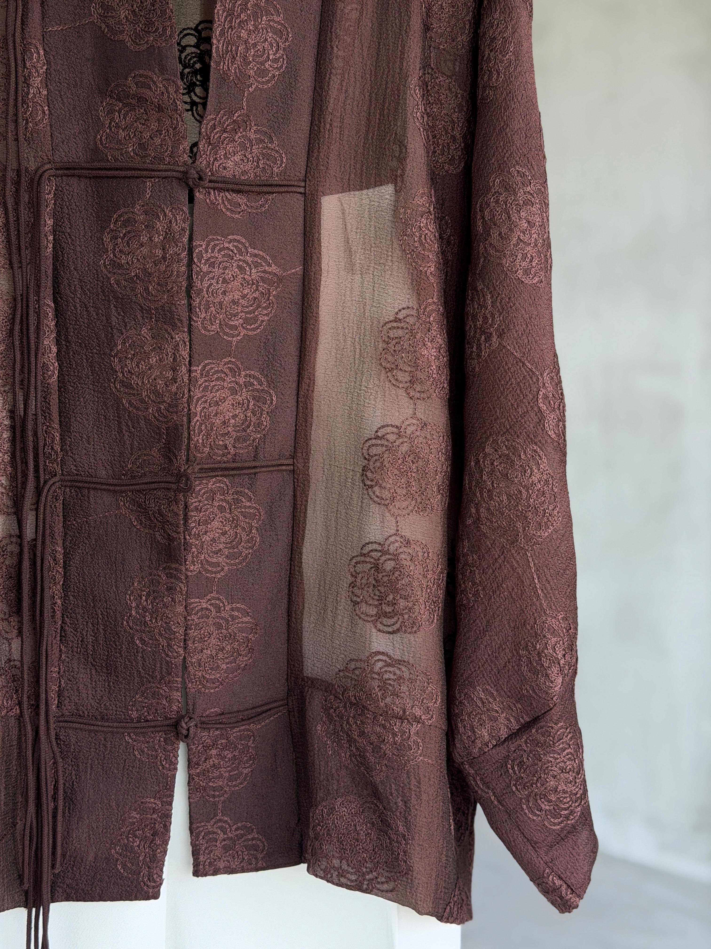 Premium Brode Kumaş Bağlama Detaylı Kimono Gömlek (Kahve)