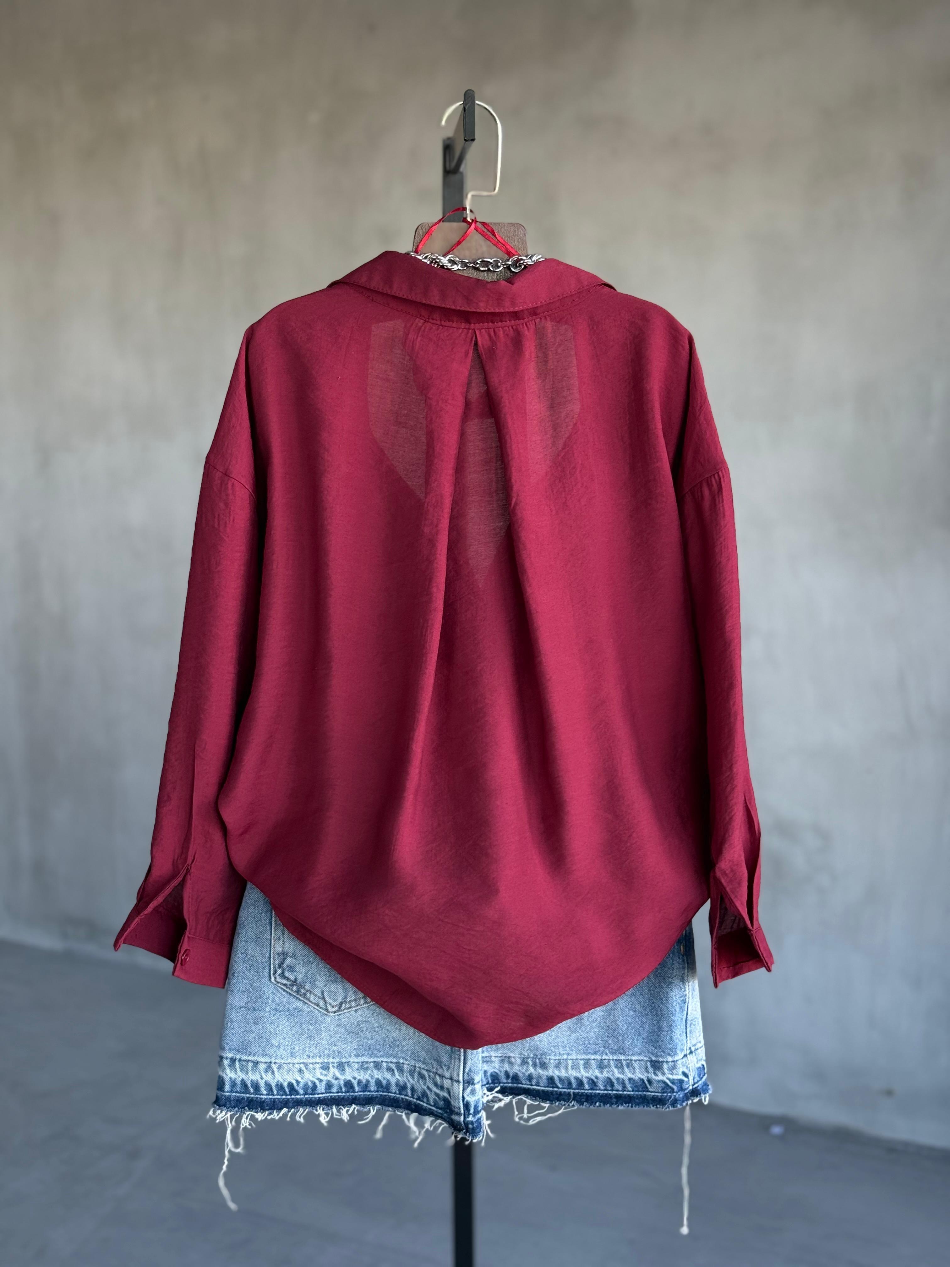 Premium Düşük Omuzlu Oversize Gömlek (Bordo)