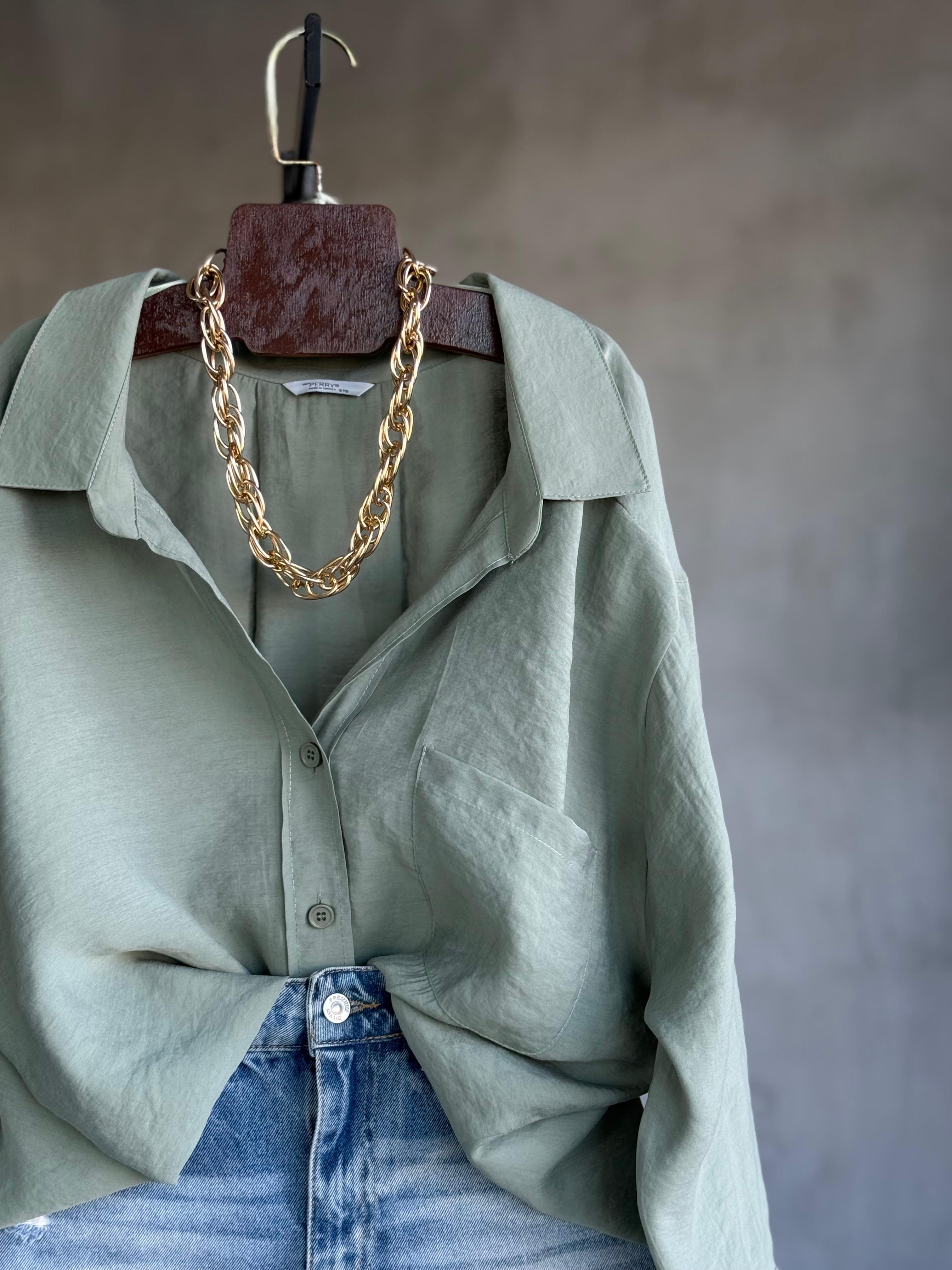 Premium Düşük Omuzlu Oversize Gömlek (Çağla Yeşili)