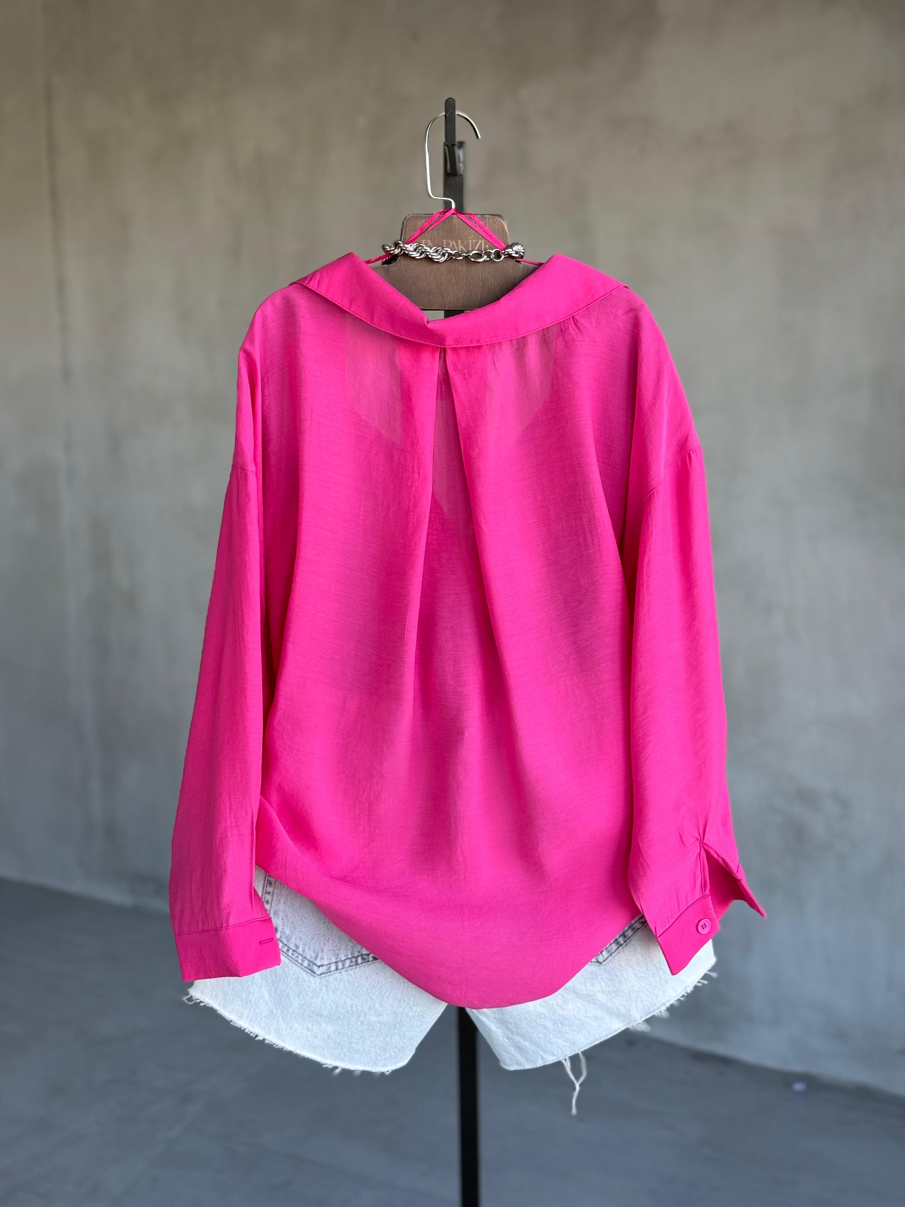 Premium Düşük Omuzlu Oversize Gömlek (Fuşya)