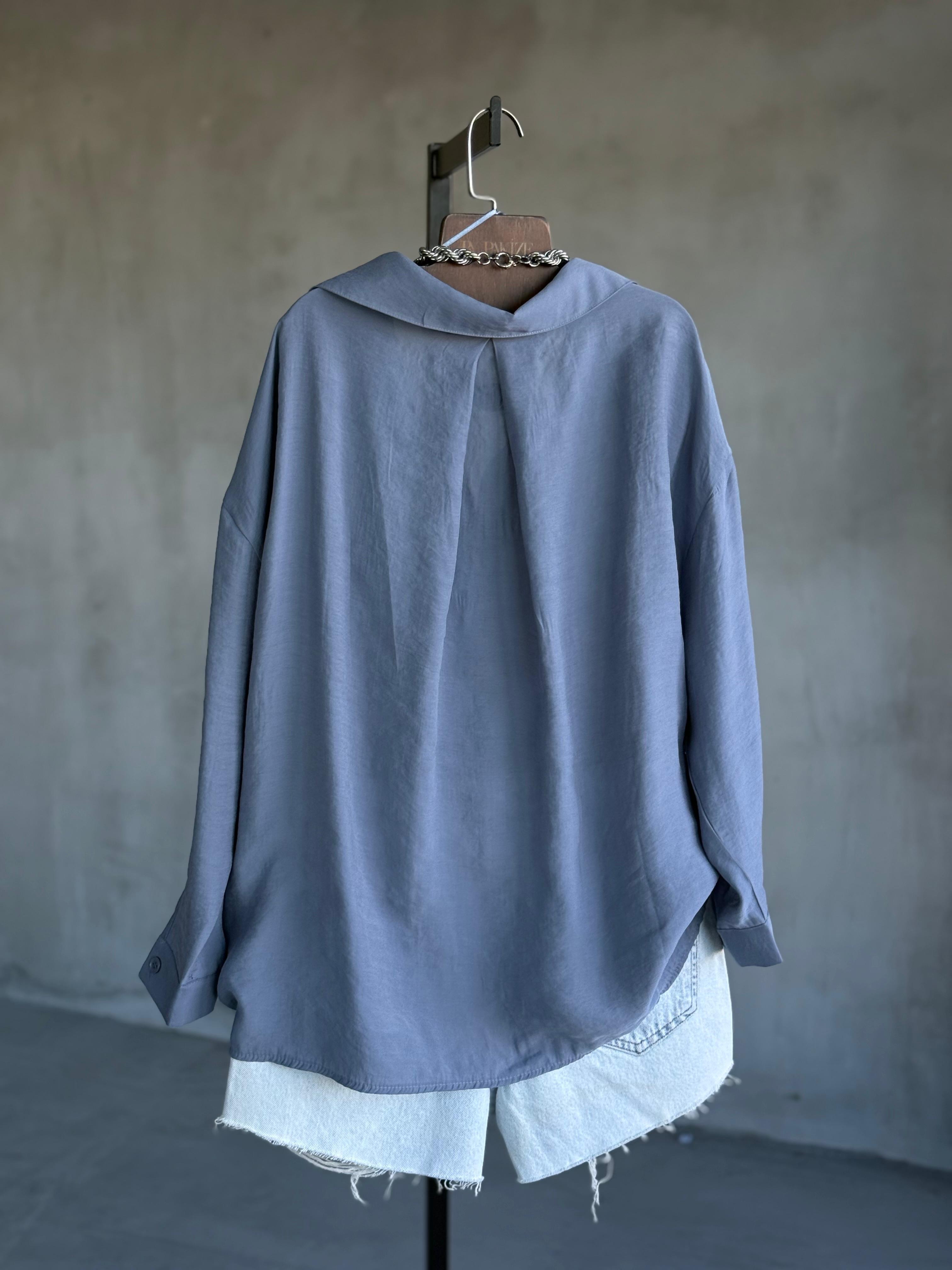 Premium Düşük Omuzlu Oversize Gömlek (Gri-Mavi)