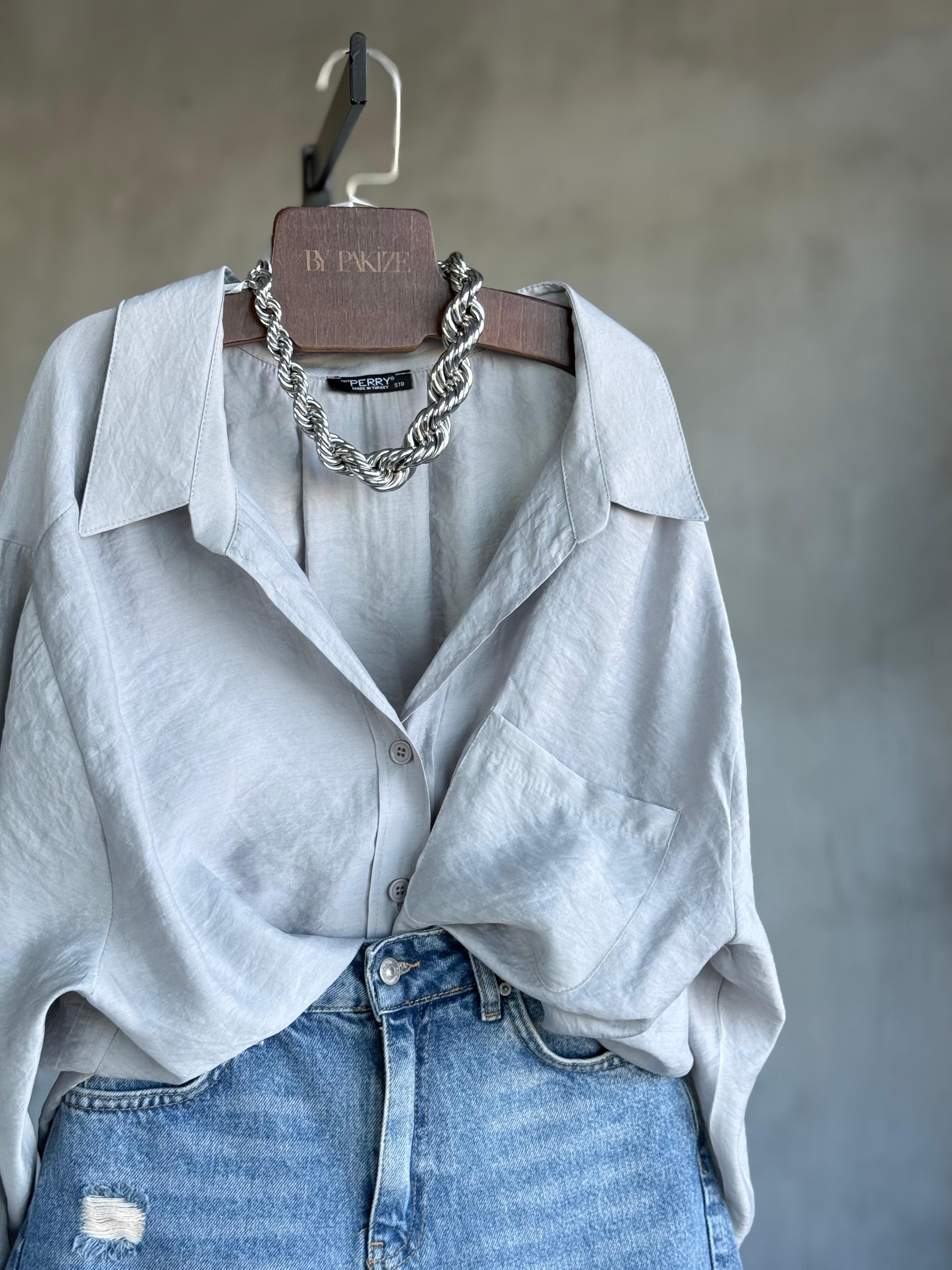 Premium Düşük Omuzlu Oversize Gömlek (Gri)