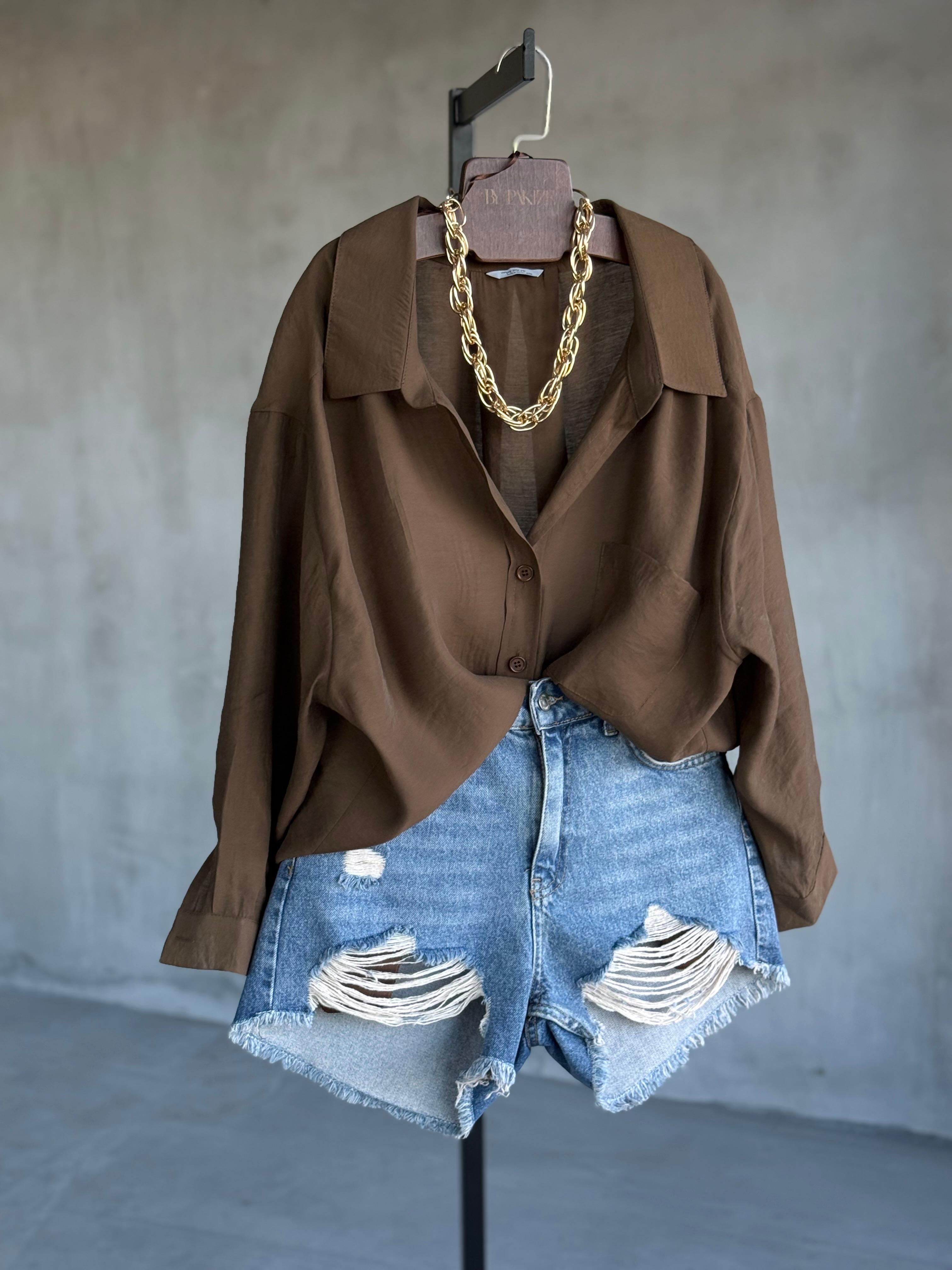 Premium Düşük Omuzlu Oversize Gömlek (Kahve)