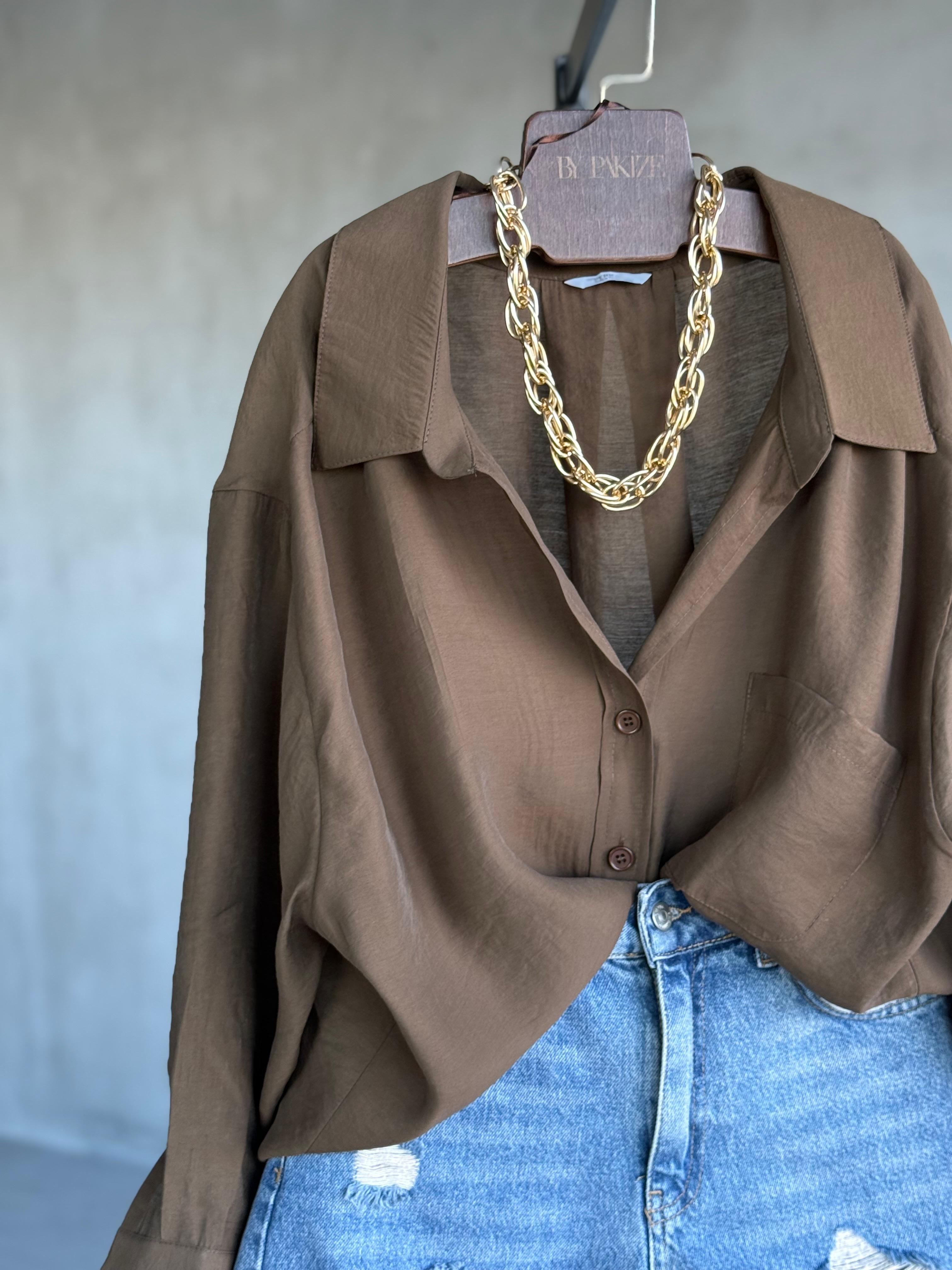 Premium Düşük Omuzlu Oversize Gömlek (Kahve)