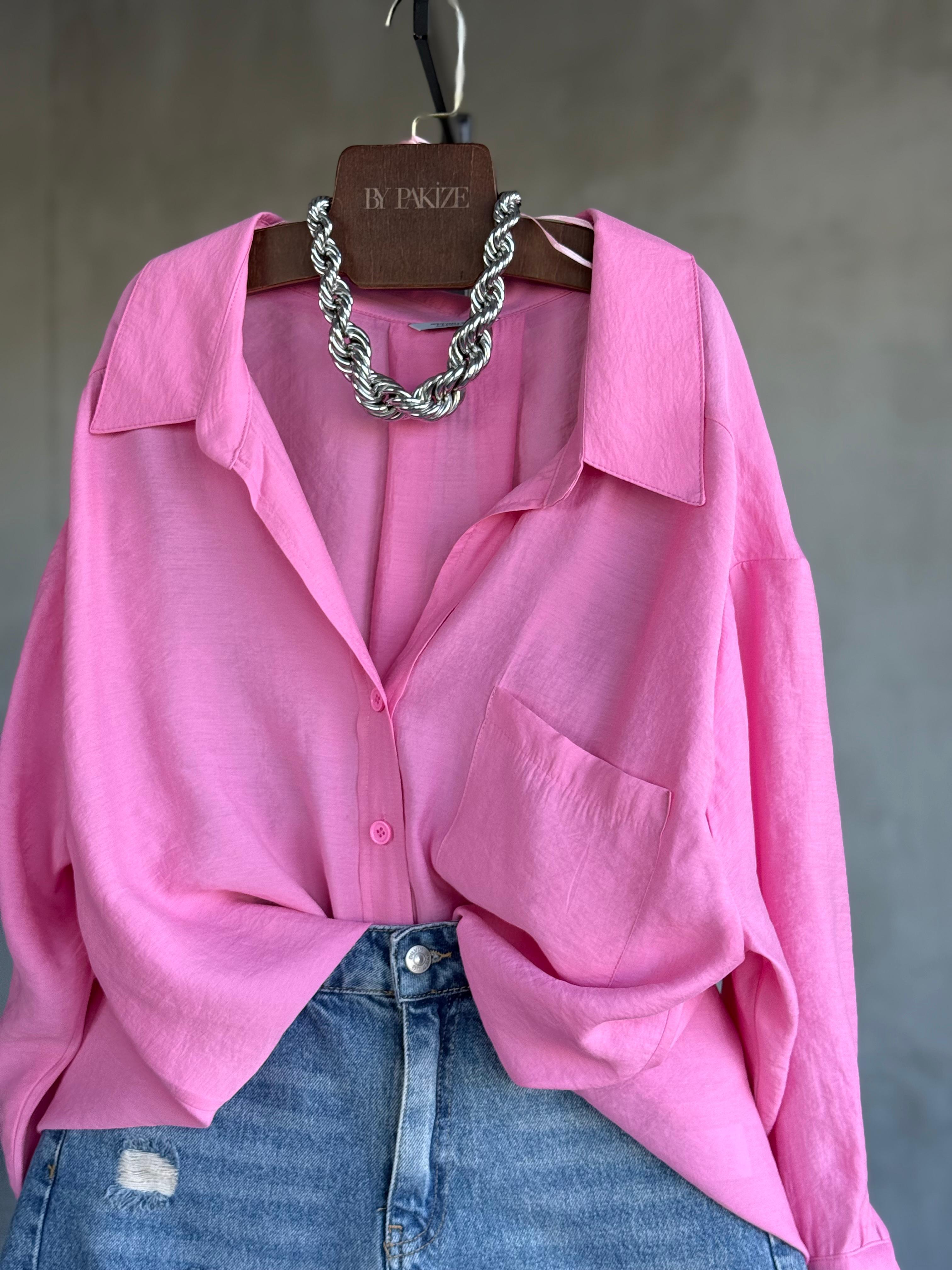 Premium Düşük Omuzlu Oversize Gömlek (Pembe)