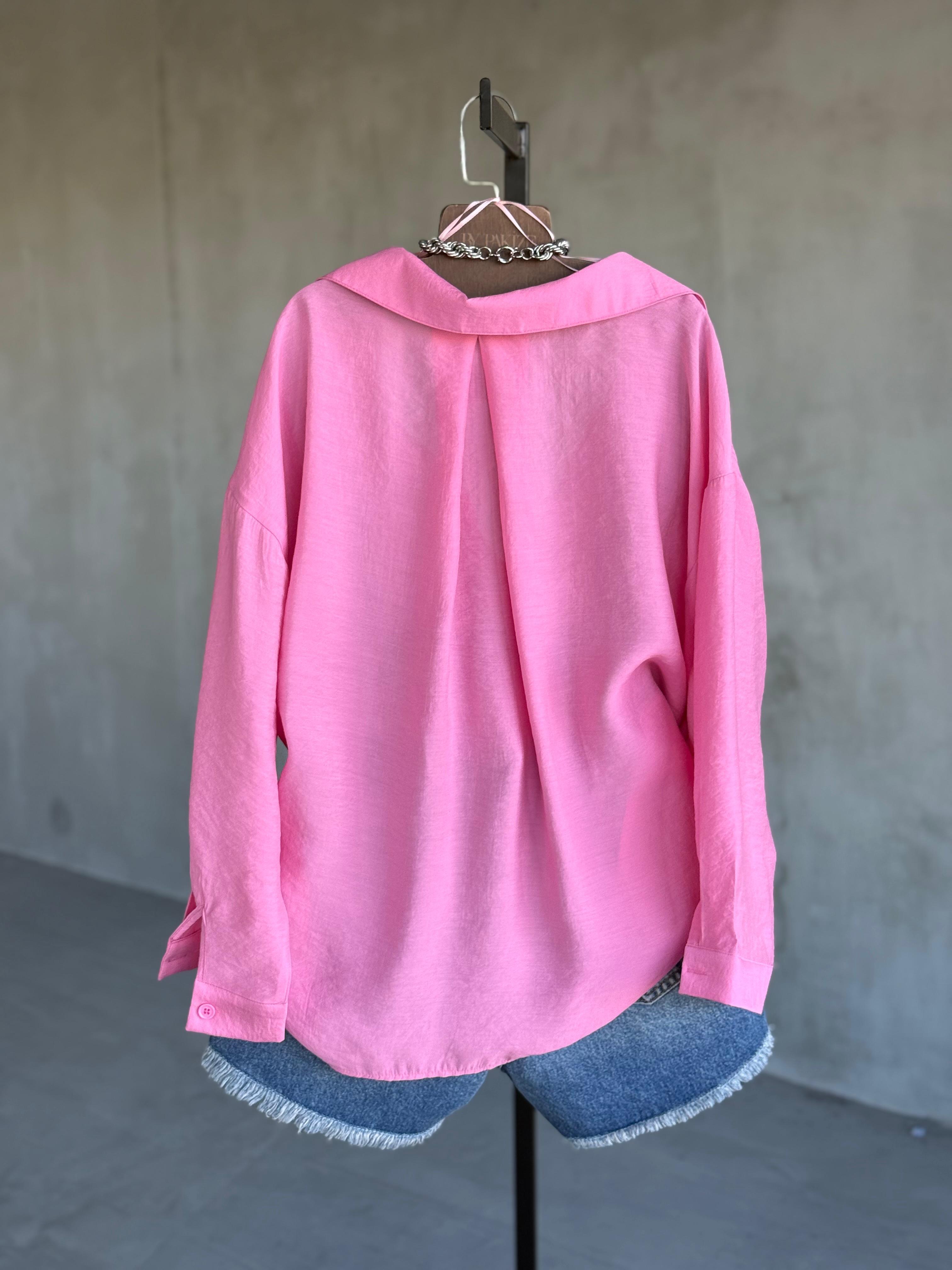 Premium Düşük Omuzlu Oversize Gömlek (Pembe)