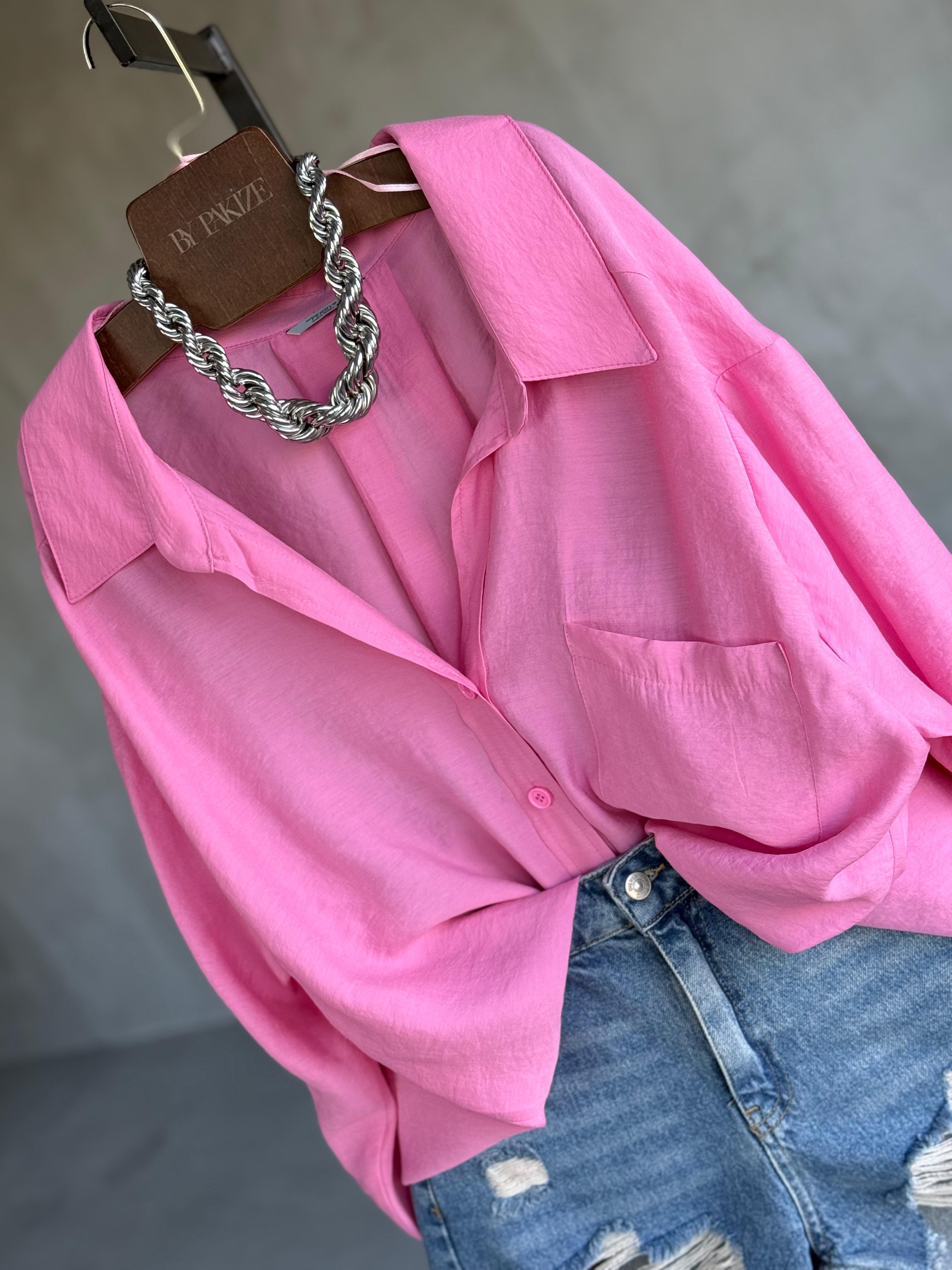Premium Düşük Omuzlu Oversize Gömlek (Pembe)